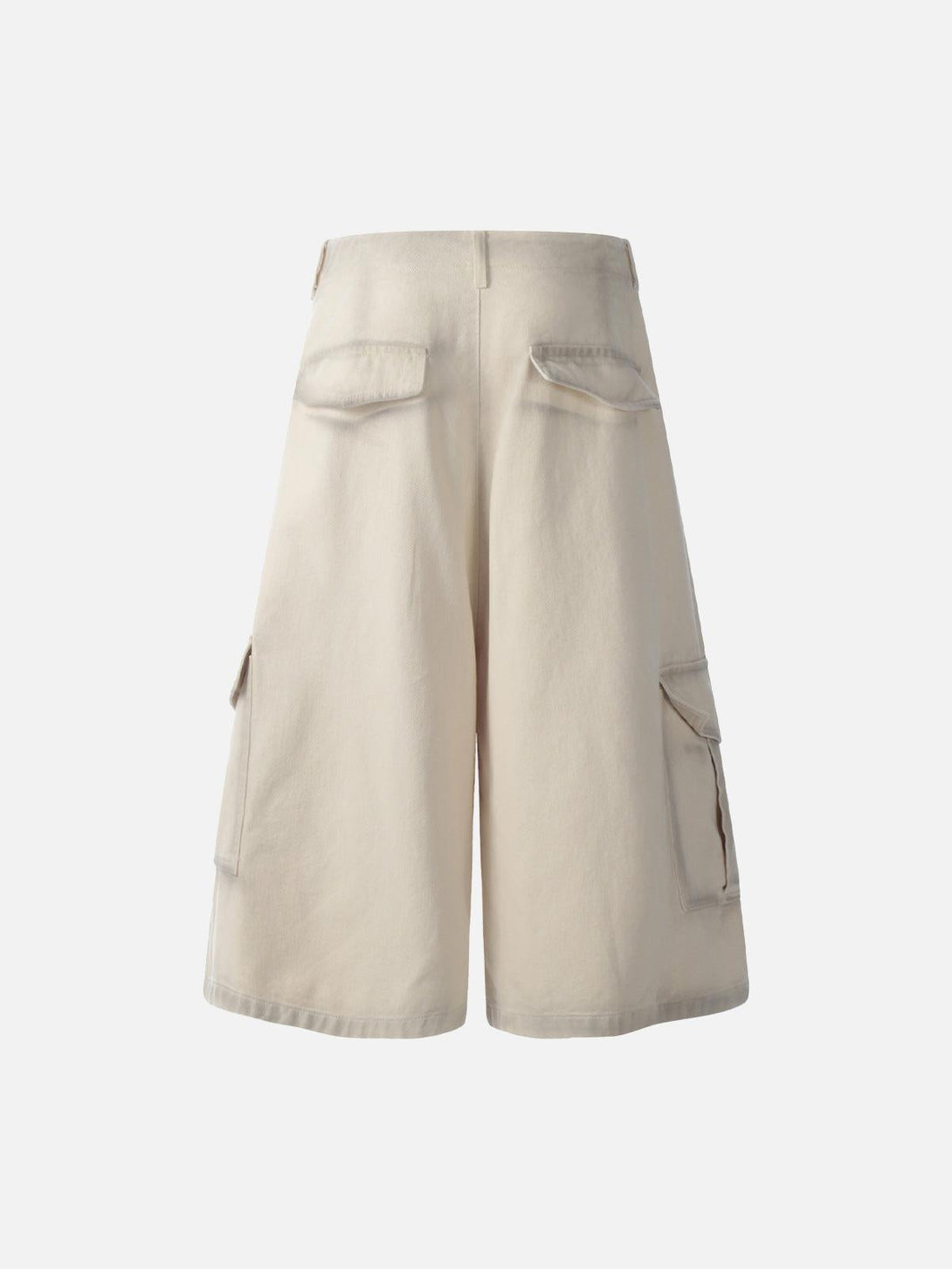 Back view of beige cargo jorts by TALISHKO, showcasing a relaxed fit and multiple pockets.