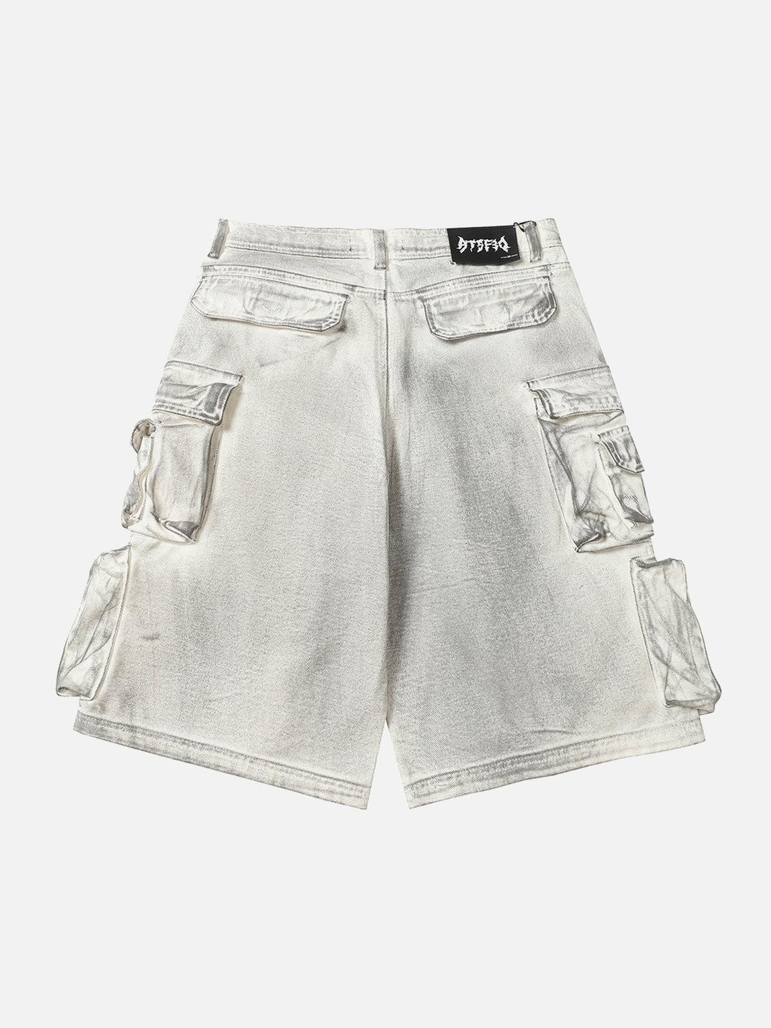 Back view of TALISHKO distressed cargo shorts with multiple pockets, great for casual outings.