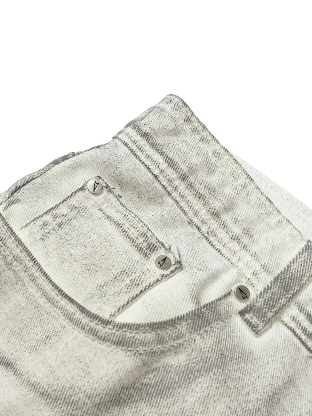 "Detailed view of TALISHKO distressed shorts pocket, emphasizing rugged stitching and design."