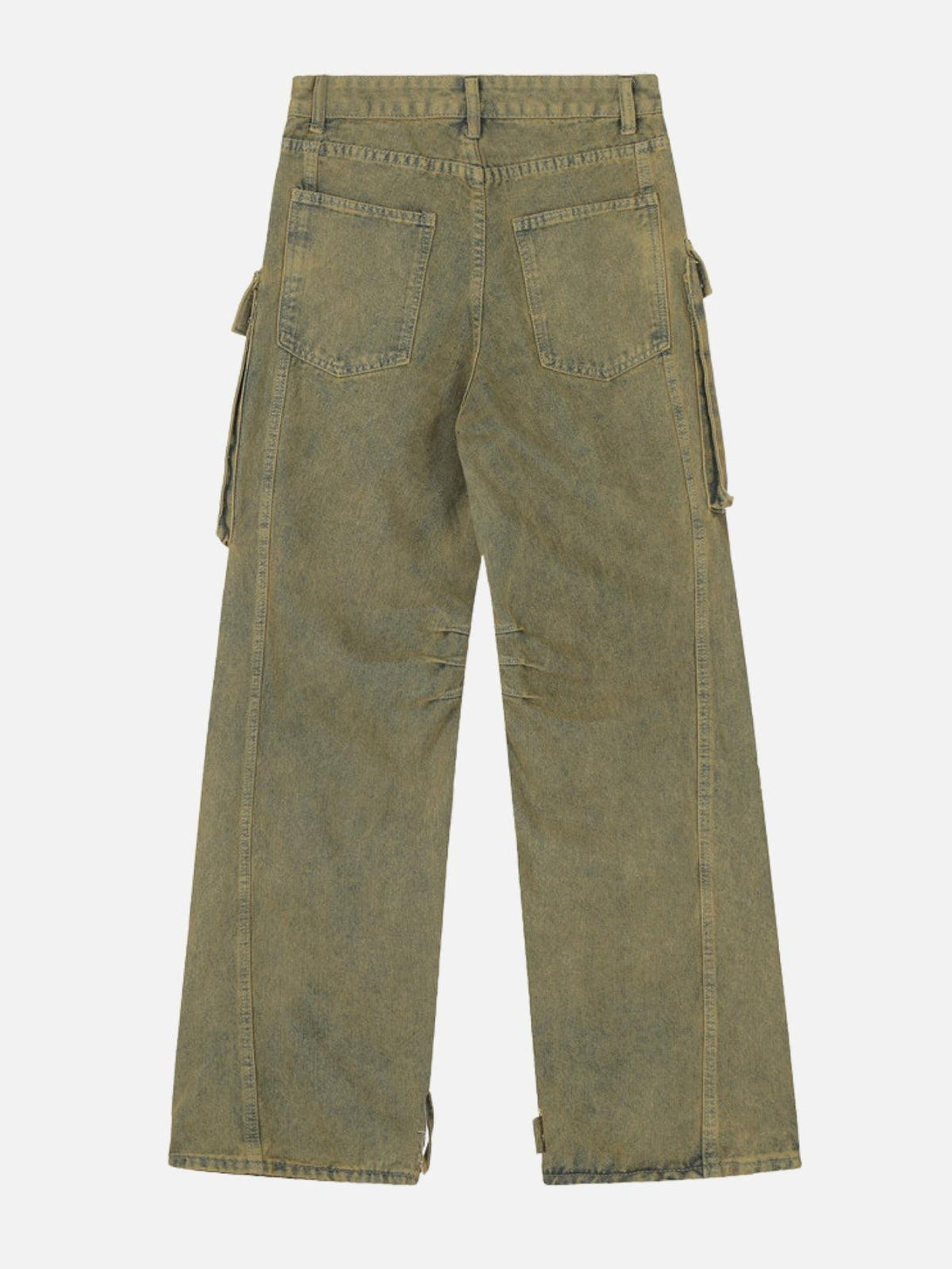 Back view of distressed multi-pocket loose jeans by TALISHKO, showcasing rugged style.