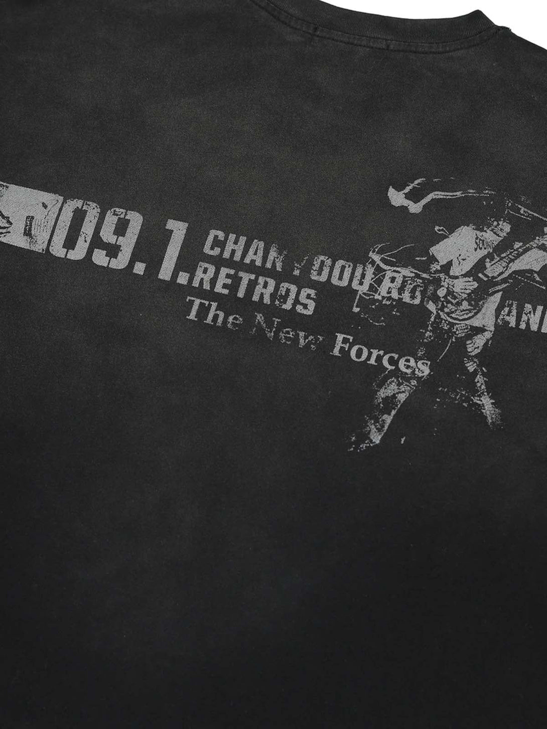 Back detail of TALISHKO long sleeve t-shirt showcasing unique distressed graphics.