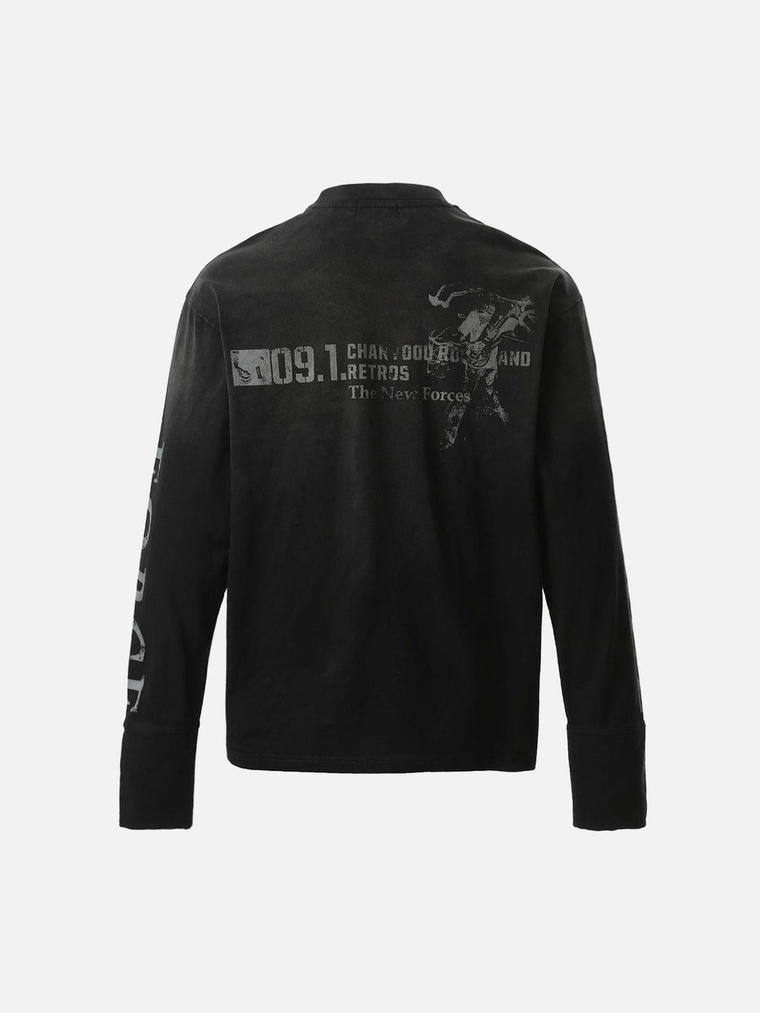 Back view of TALISHKO distressed long sleeve t-shirt featuring unique graphic design elements.