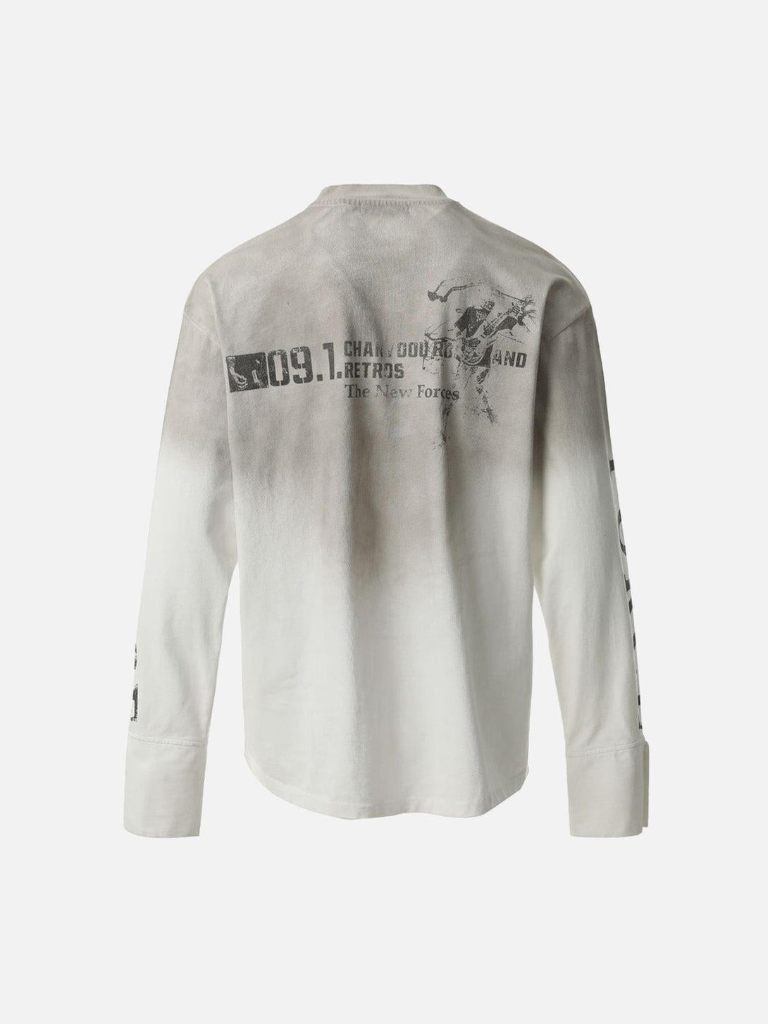 Back view of TALISHKO long sleeve t-shirt with distressed graphics and a casual, relaxed fit.
