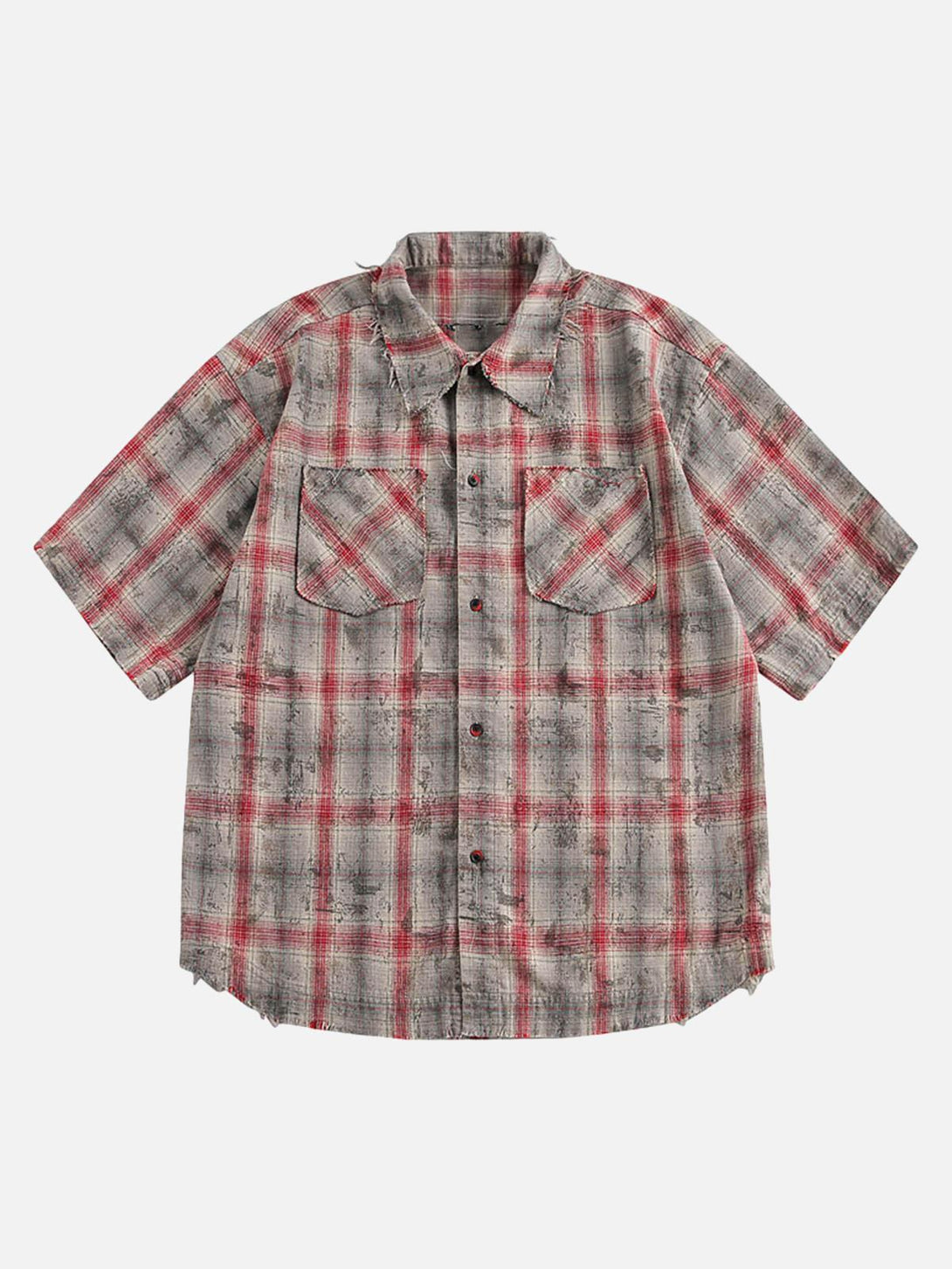 Front view of a distressed plaid short-sleeve shirt with pockets by TALISHKO.