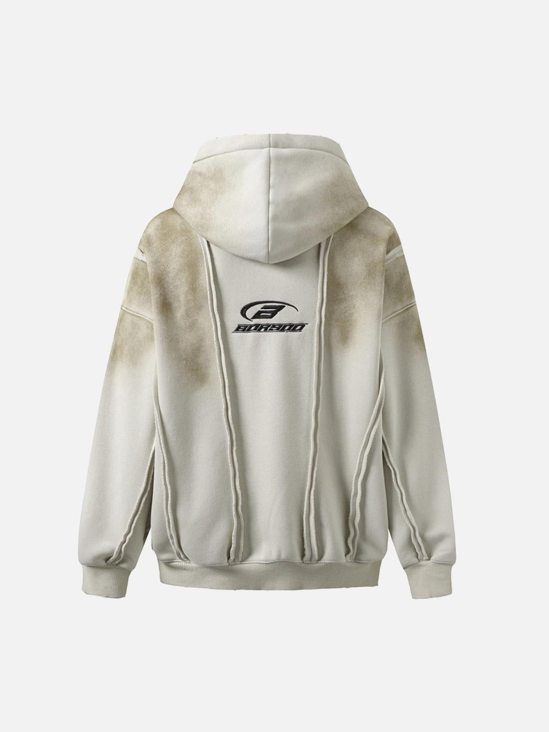 Rear view of a TALISHKO distressed patchwork velvet jacket, featuring unique stitching and design.