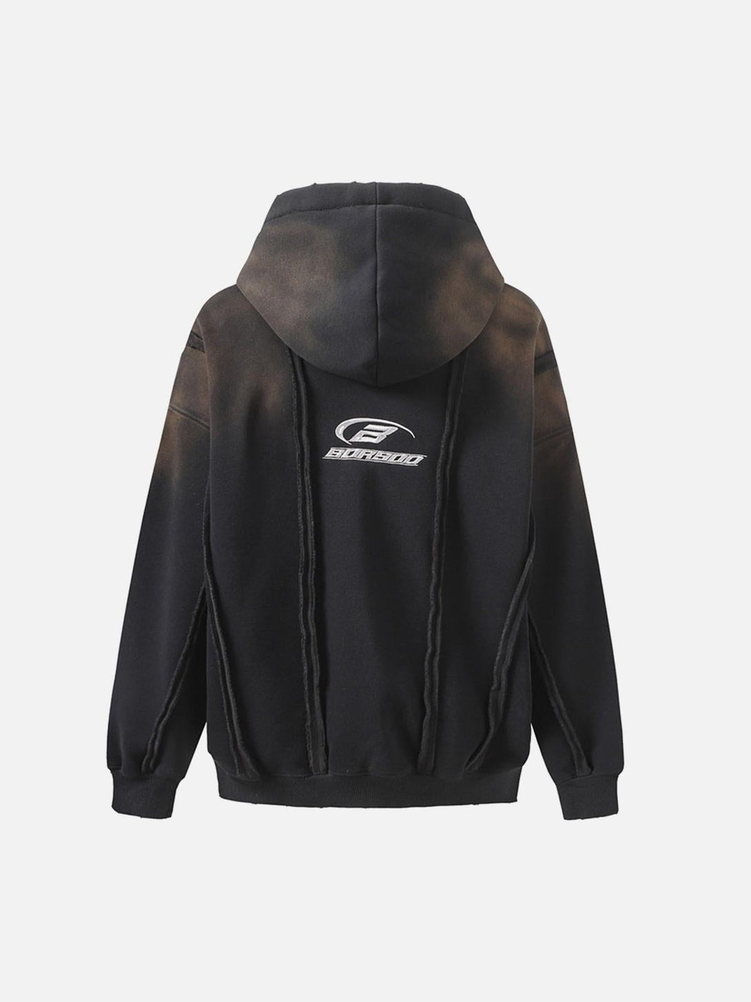 Rear view of a TALISHKO distressed patchwork velvet jacket, emphasizing its bold design.