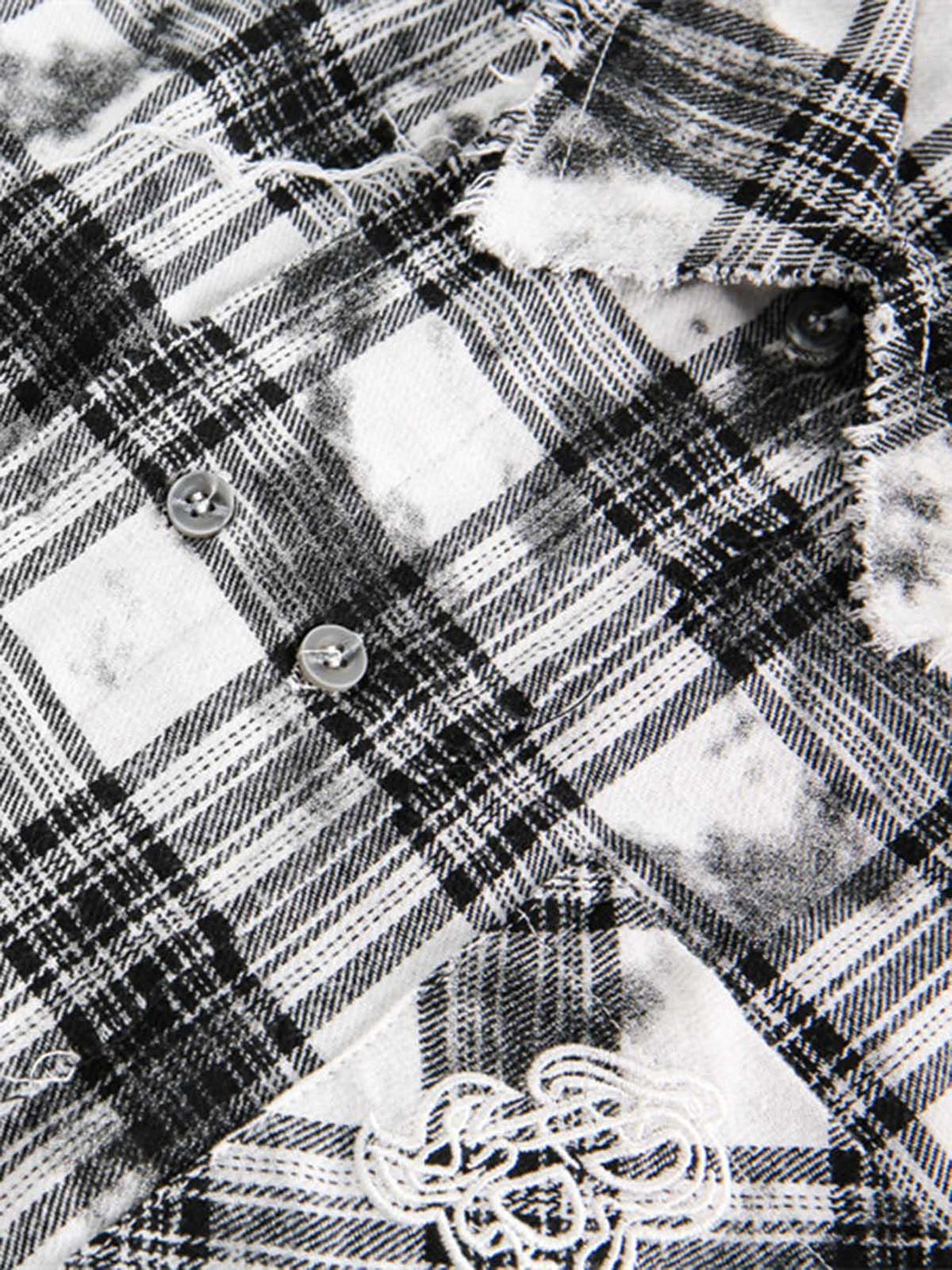 Focusing on the distressed plaid pattern and lace details of TALISHKO's short-sleeve shirt.