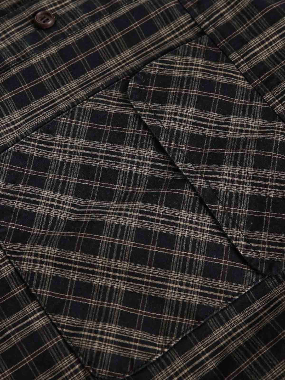 Intricate look at the plaid pattern and pocket detail on a shirt by TALISHKO.