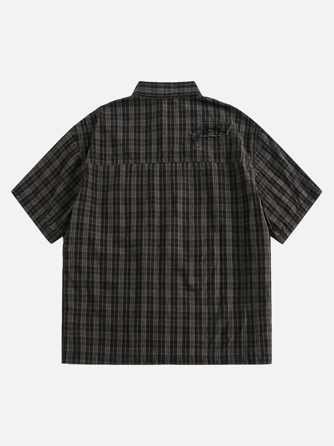 Back view of a distressed plaid short-sleeve shirt by TALISHKO, showcasing casual summer fashion.