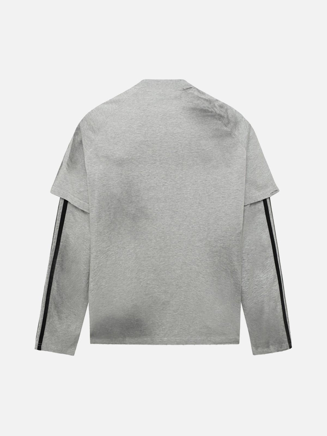 Back view of a gray faux two-piece long-sleeved T-shirt with black stripes by TALISHKO.
