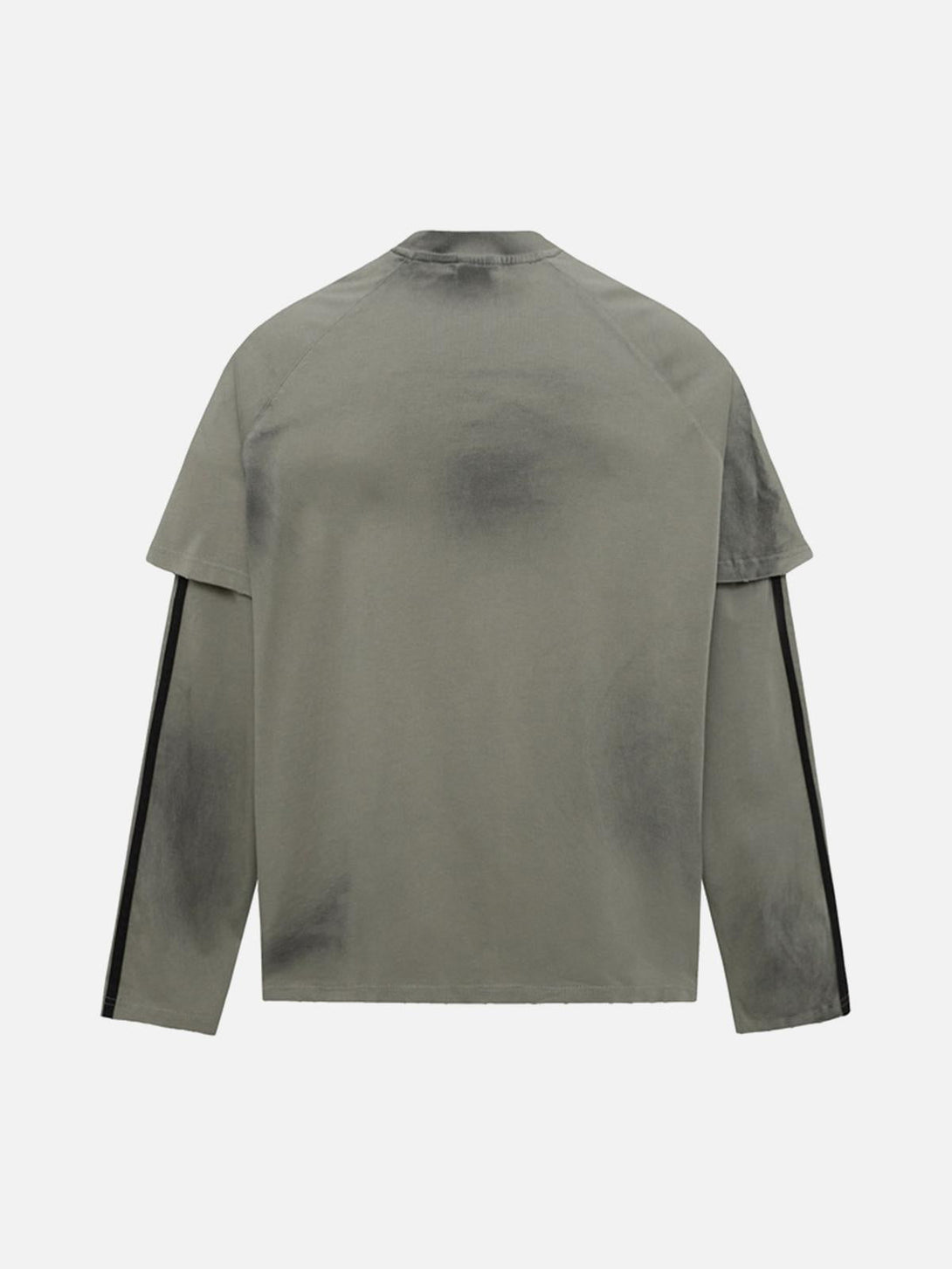 Back view of TALISHKO's green distressed faux two-piece long-sleeved T-shirt.