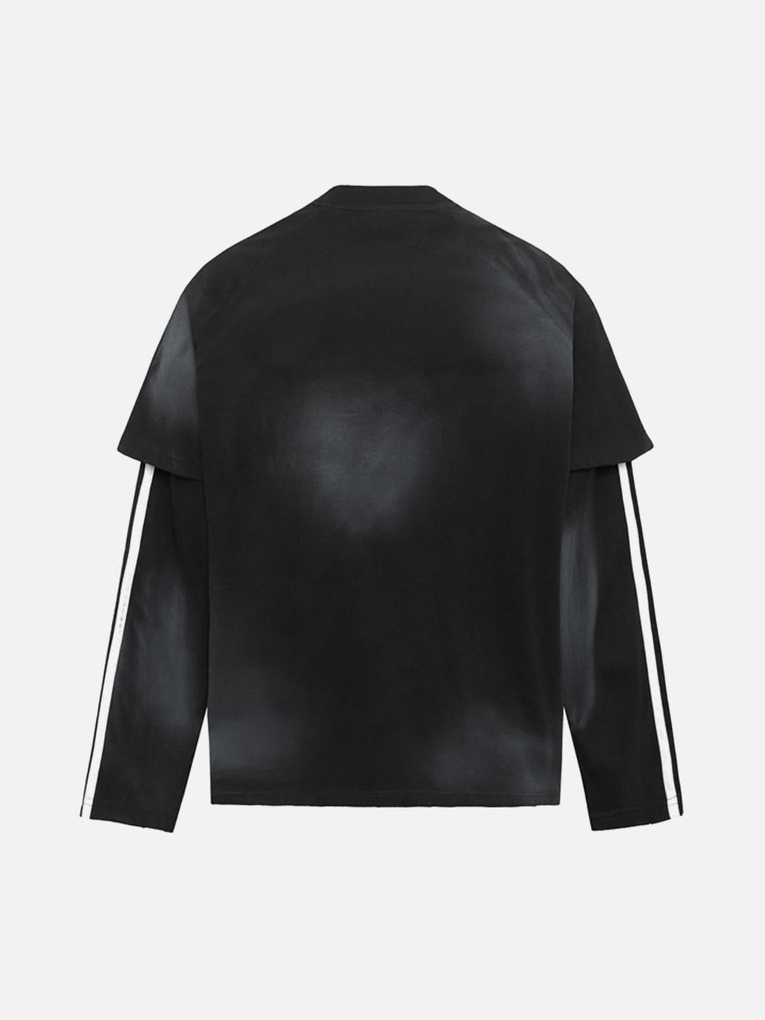 Back view of TALISHKO's black faux two-piece long-sleeved T-shirt with white stripes.