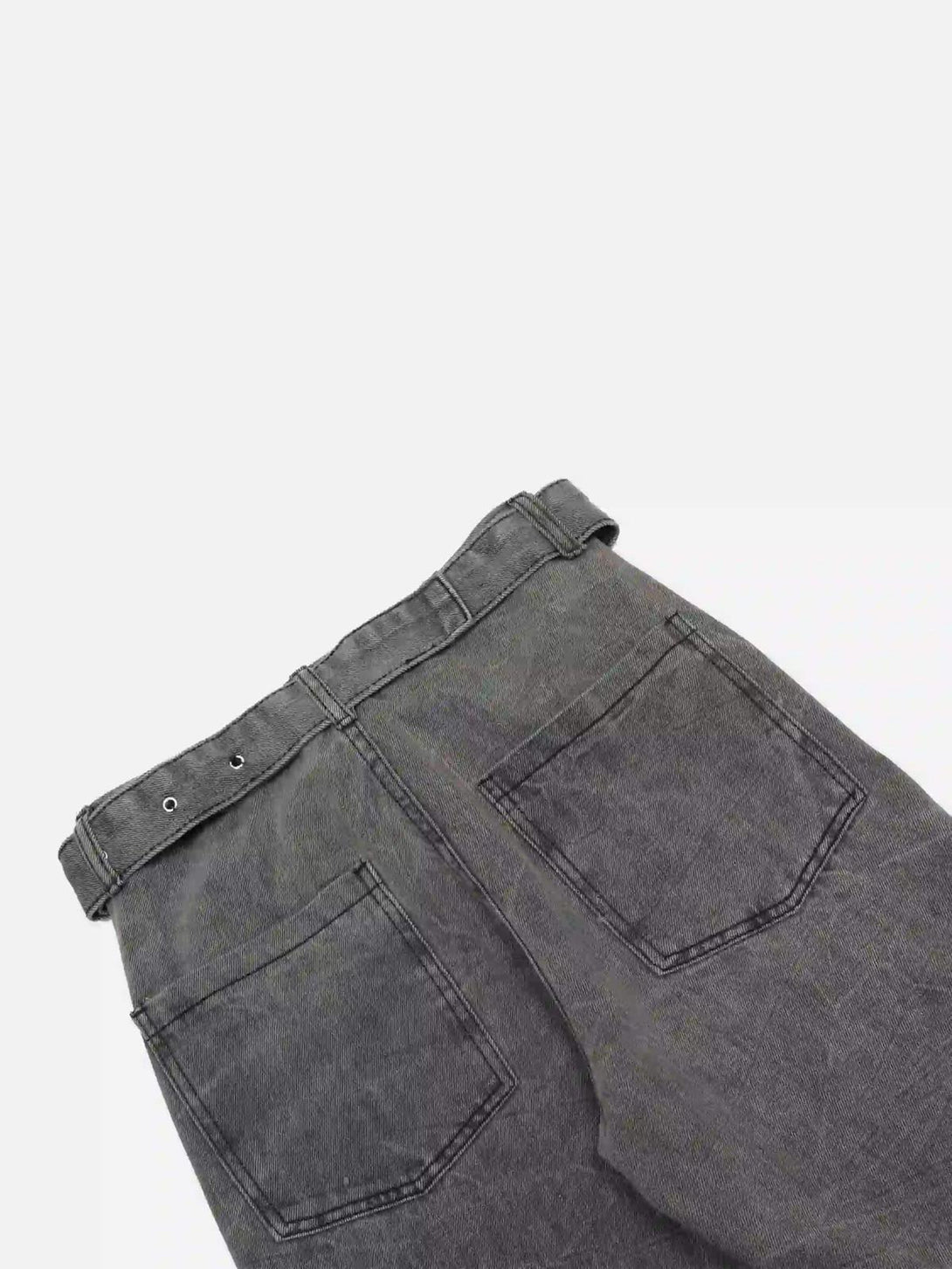 Back view of gray distressed punk jeans by TALISHKO, highlighting pocket and belt details.