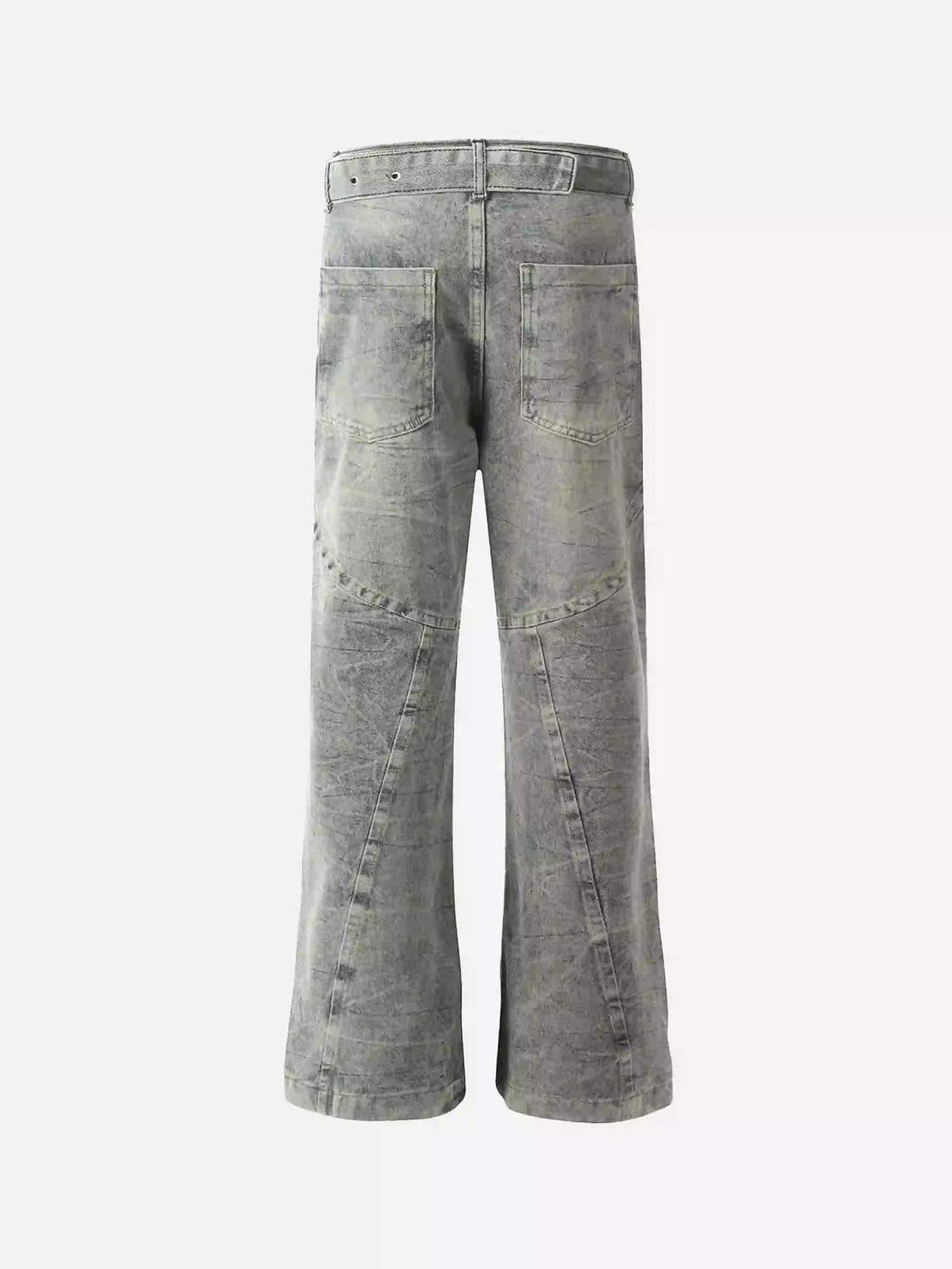 Back view of gray distressed punk jeans with a metal belt by TALISHKO, showcasing style.