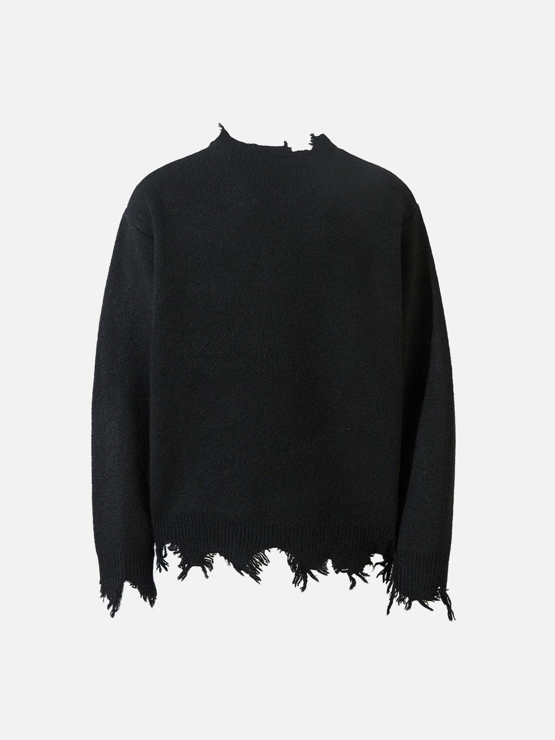 A black distressed sweater by TALISHKO, featuring a unique frayed design for a bold look.
