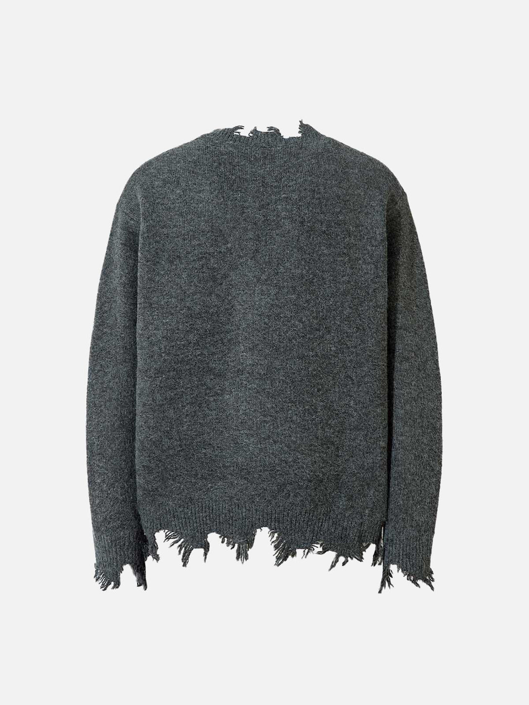 Back view of a gray distressed sweater by TALISHKO, showcasing its edgy frayed design.