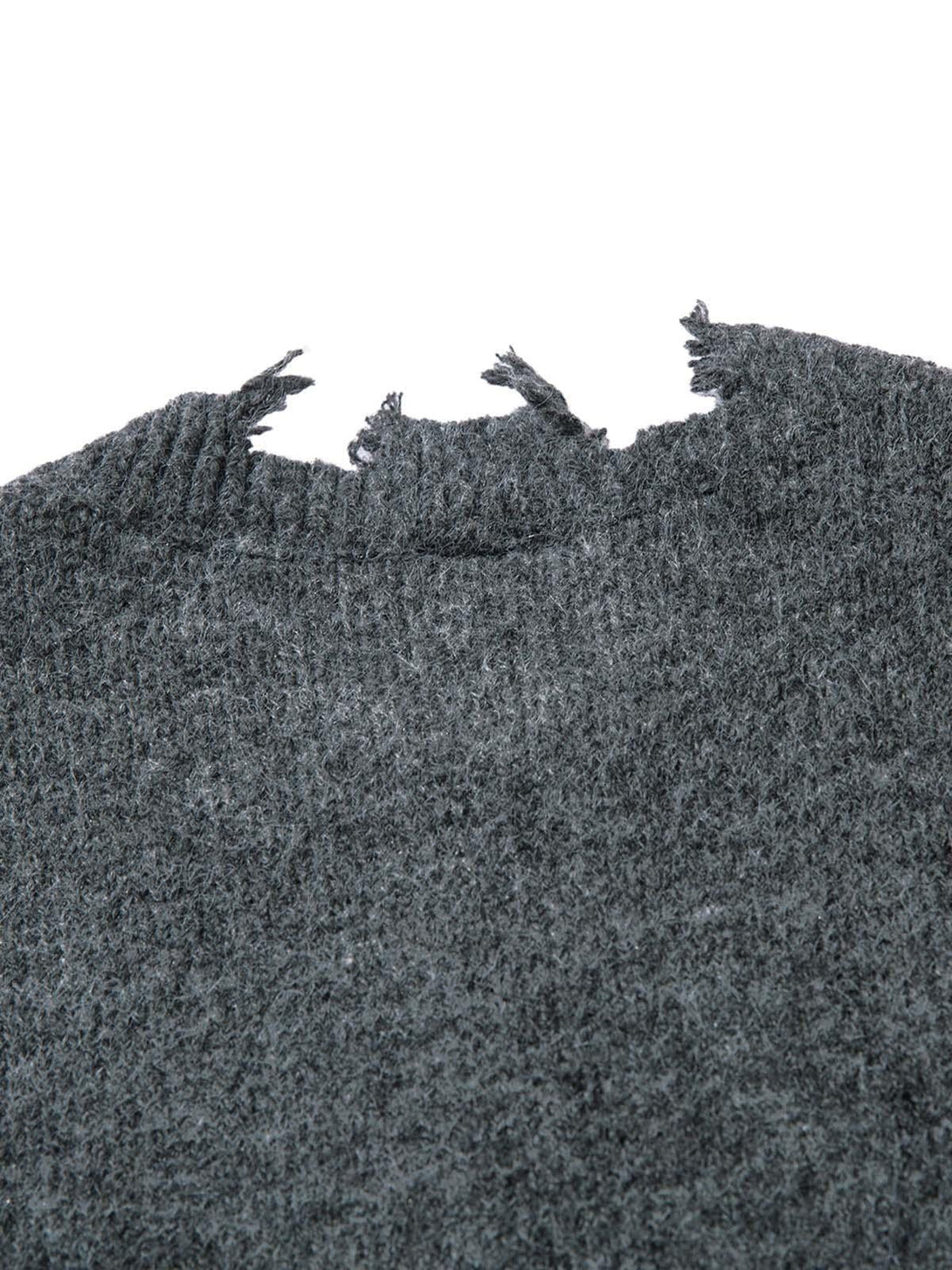 A detailed view of the distressed neckline on a gray quarter zip sweater by TALISHKO.