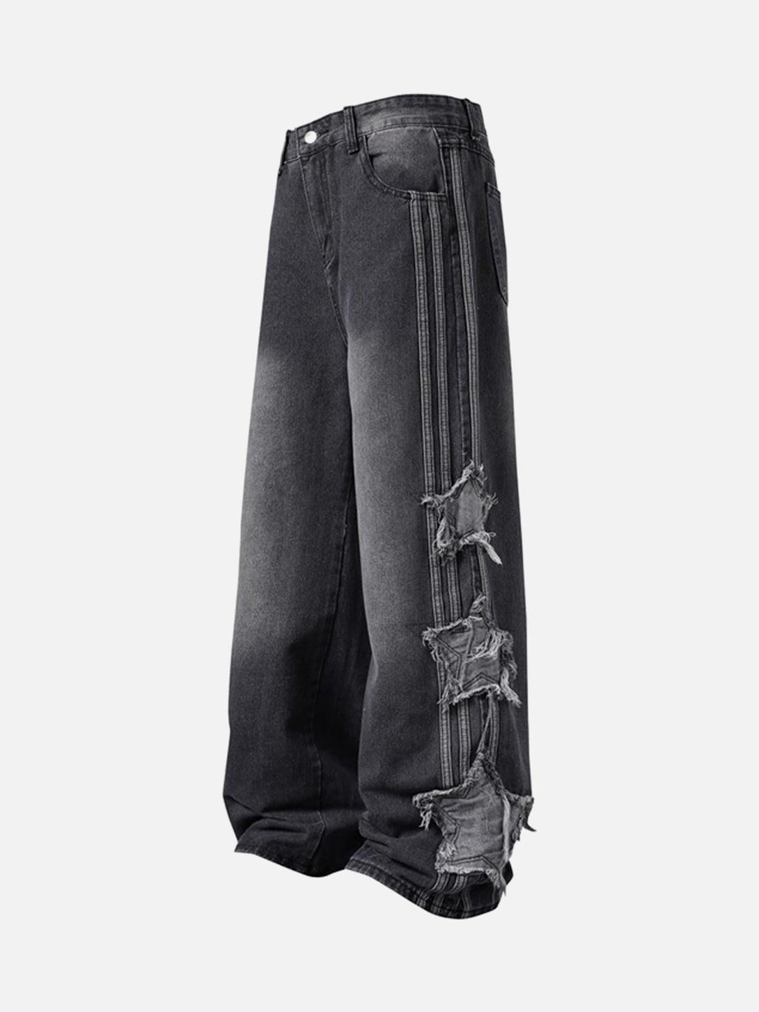 Side view of black distressed baggy jeans by TALISHKO, highlighting raw edge and relaxed fit.