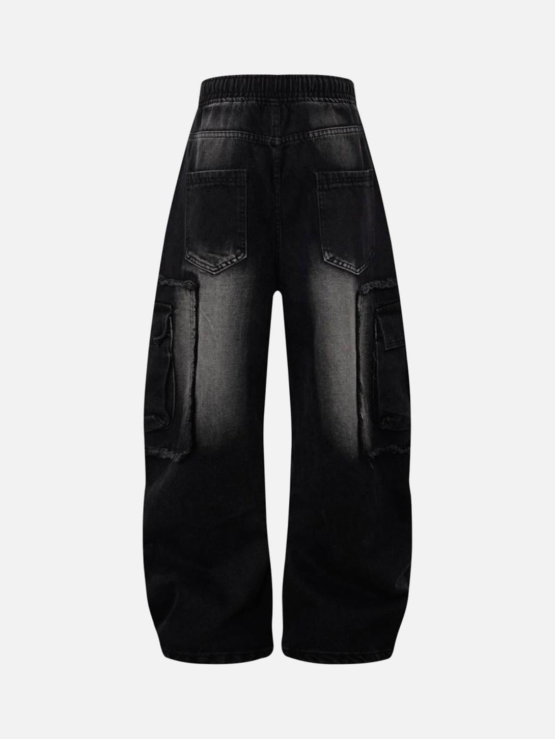 Back view of black distressed cargo jeans with raw edges and drawstring by TALISHKO.