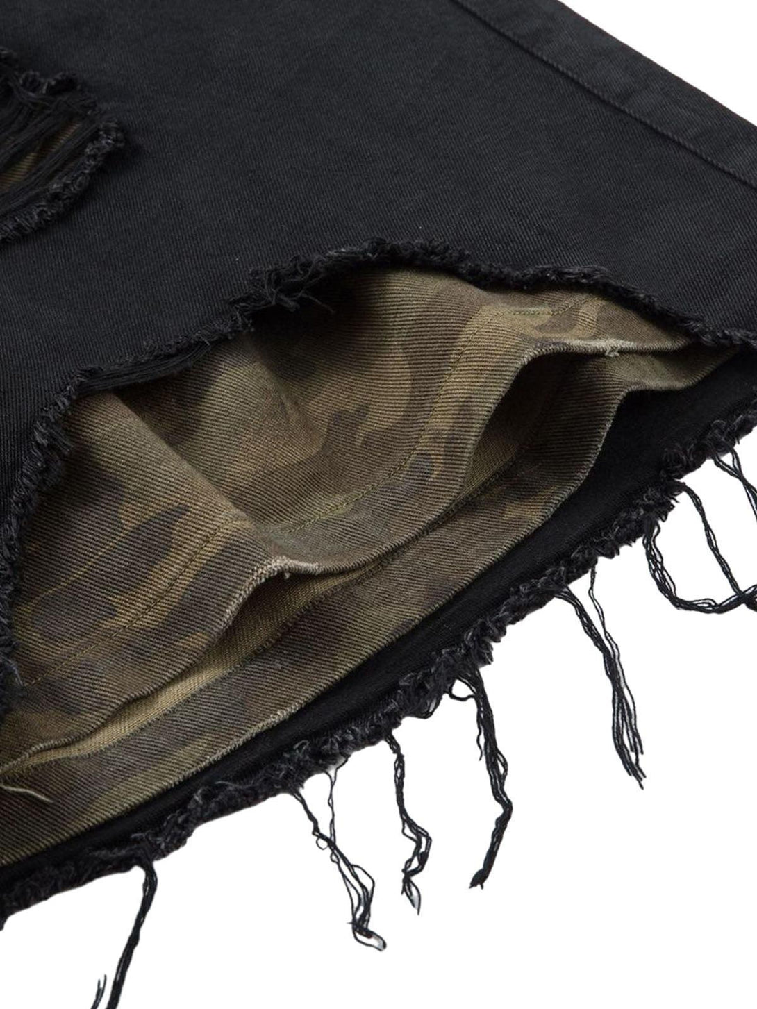 Intricate look at TALISHKO black denim shorts featuring distressed rips and camo lining.