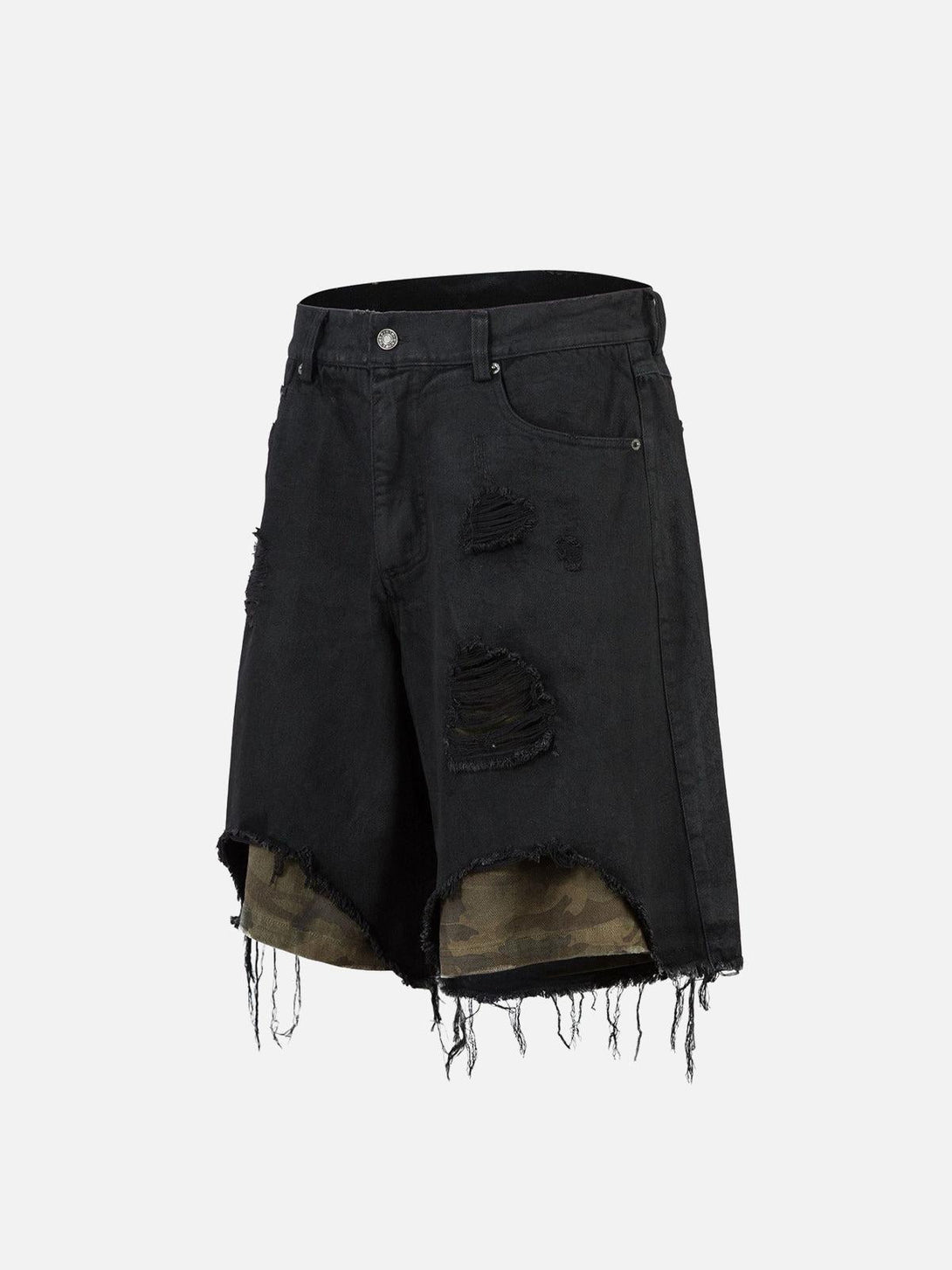 TALISHKO black denim shorts with distressed rips and camo lining, perfect for edgy summer style.