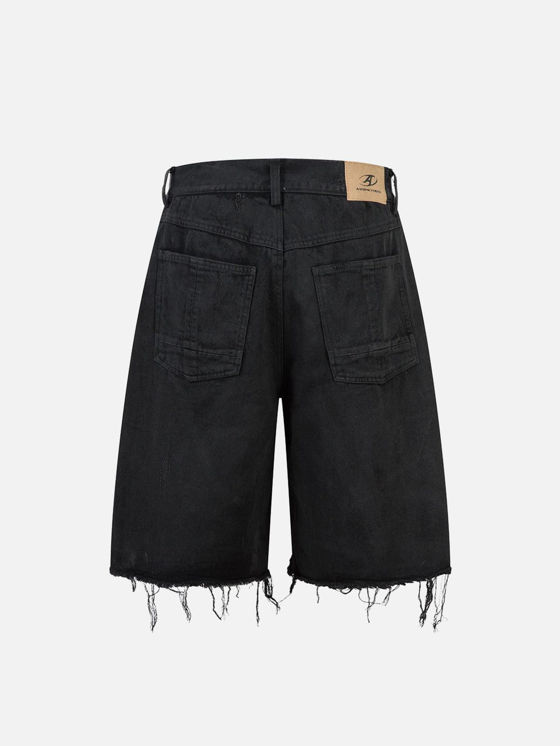 Back view of TALISHKO black denim shorts showcasing distressed rips and frayed hems.