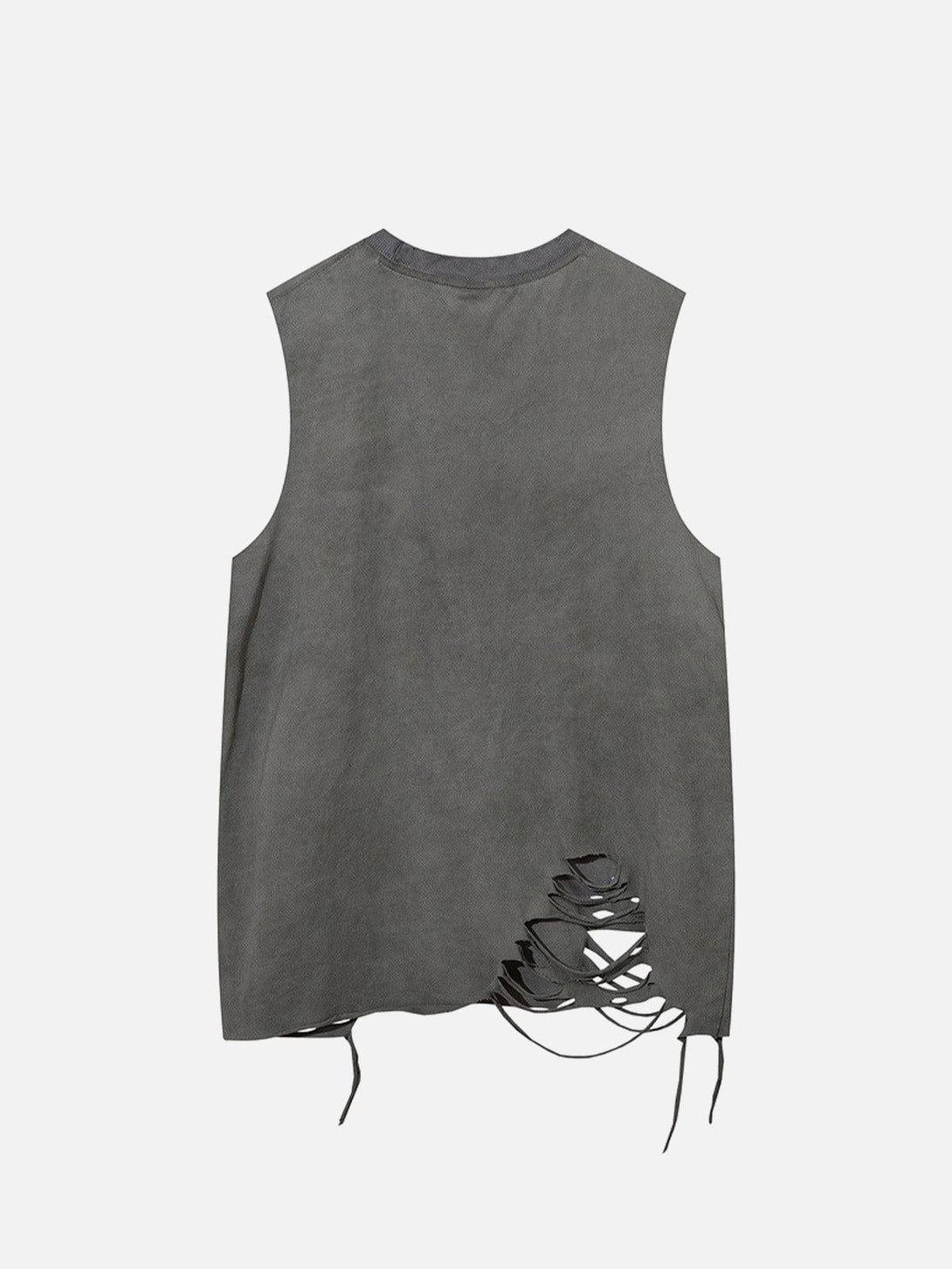 Back view of a gray distressed vest with ripped details, adding edgy style by TALISHKO.