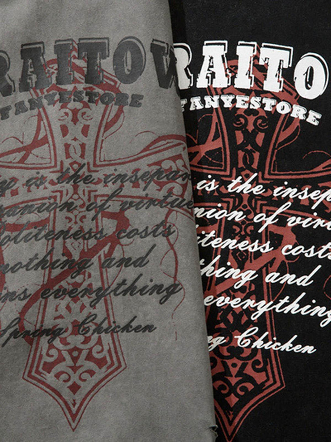 Graphic cross print on distressed vests, highlighting texture and style by TALISHKO.