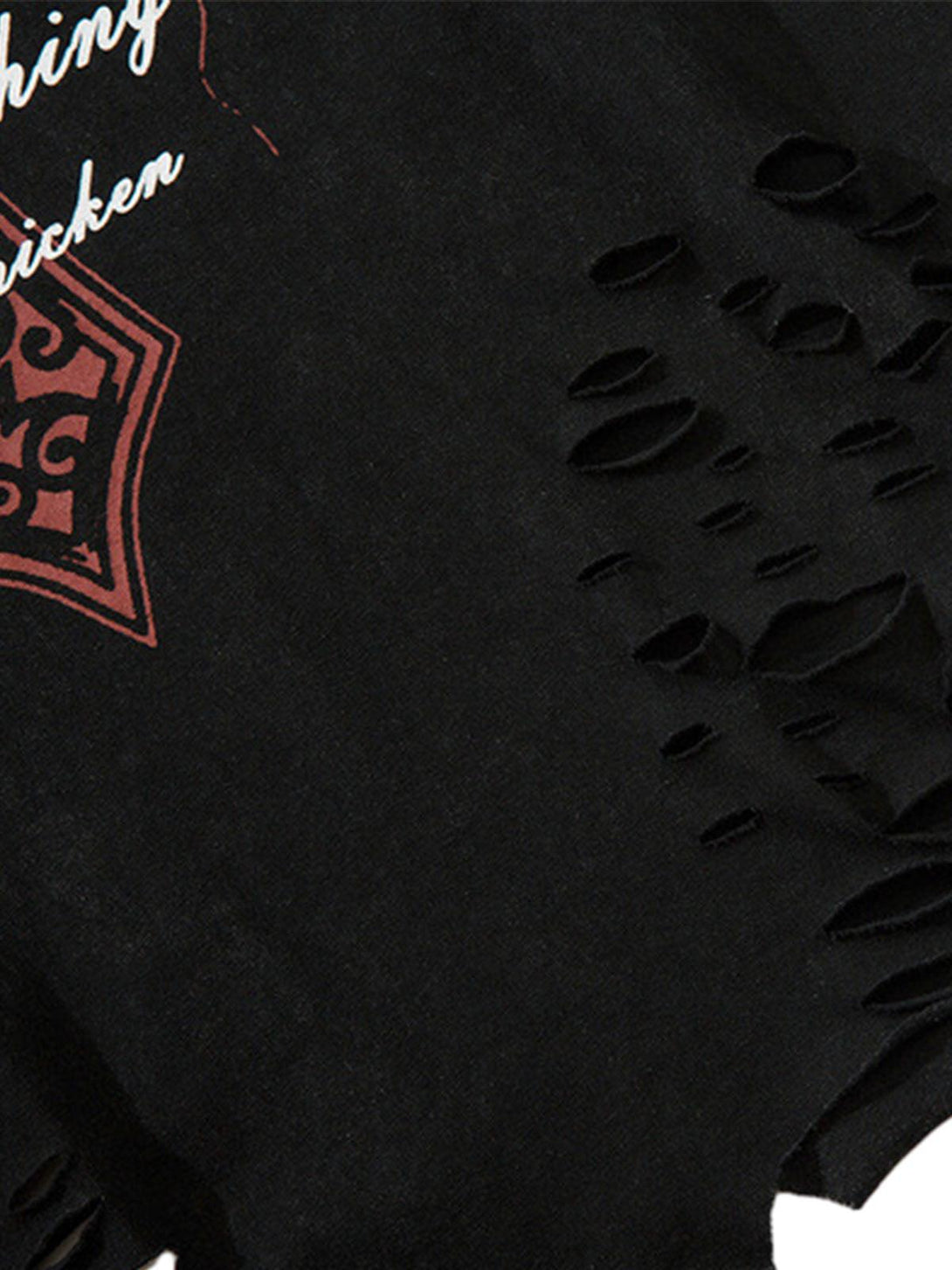 Focusing on the distressed ripped detail of a vest with graphic accents by TALISHKO.