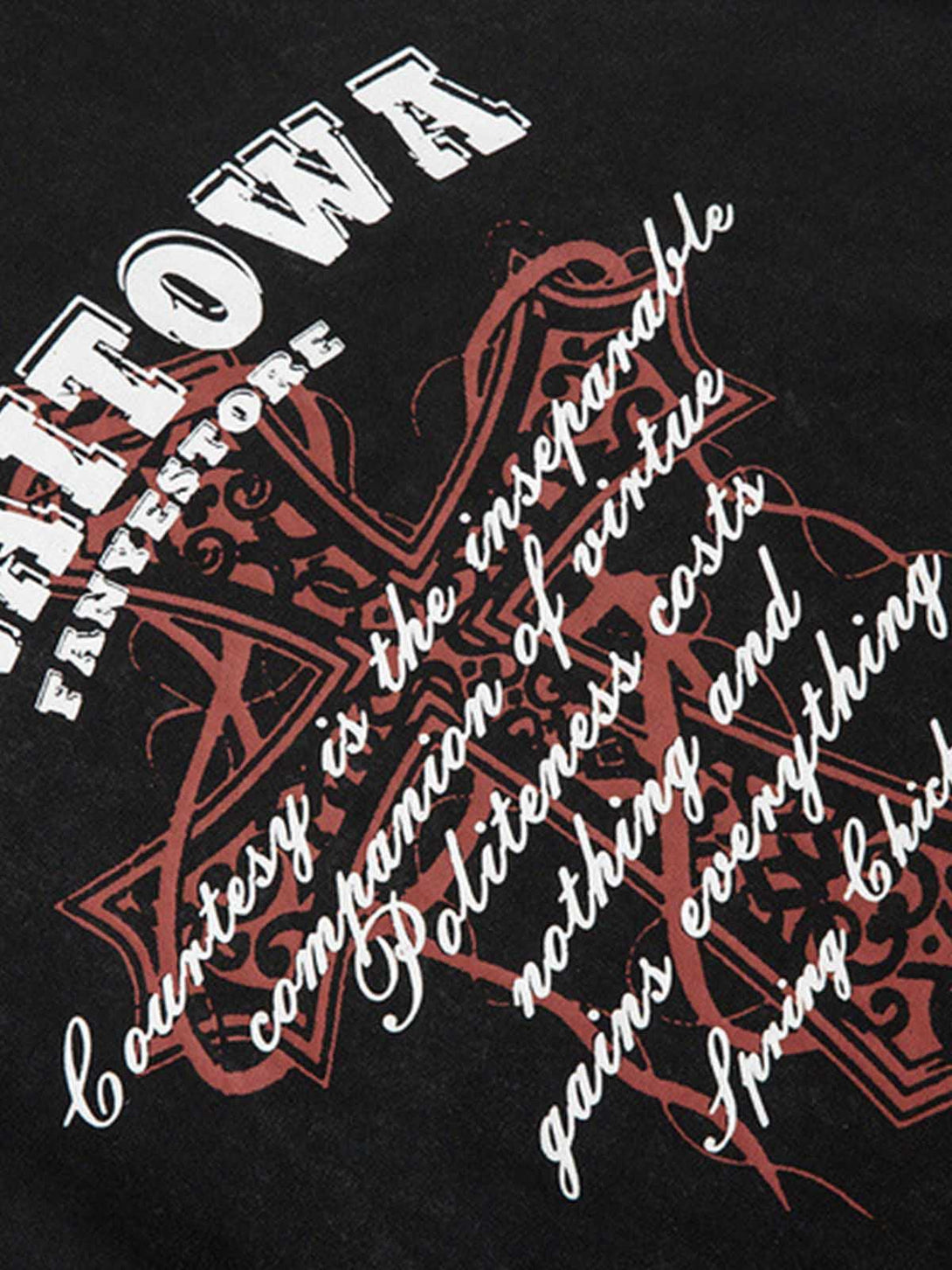 Intricate look at a graphic cross print on a distressed vest by TALISHKO, showcasing unique style.