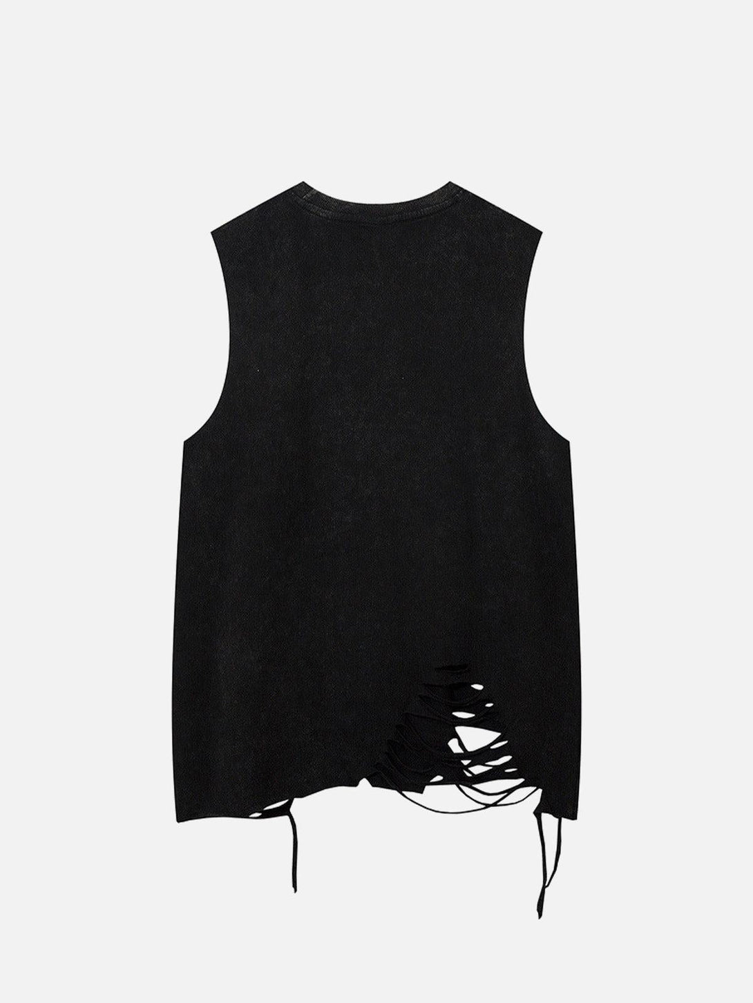 Back view of a black distressed vest with ripped details, adding edgy style by TALISHKO.