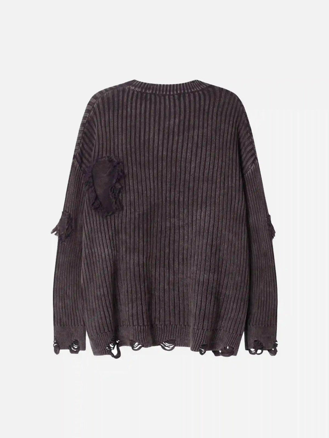 Back view of a distressed sweater with ripped details, crafted by TALISHKO.