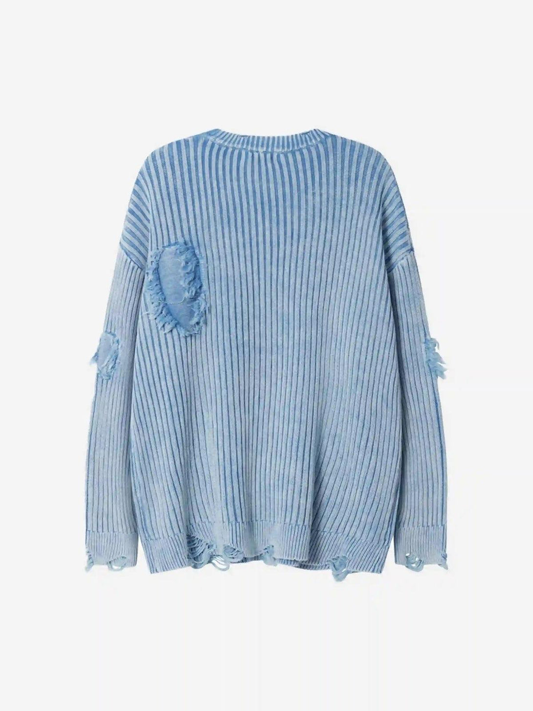 Back view of a blue distressed sweater with ripped details, crafted by TALISHKO.