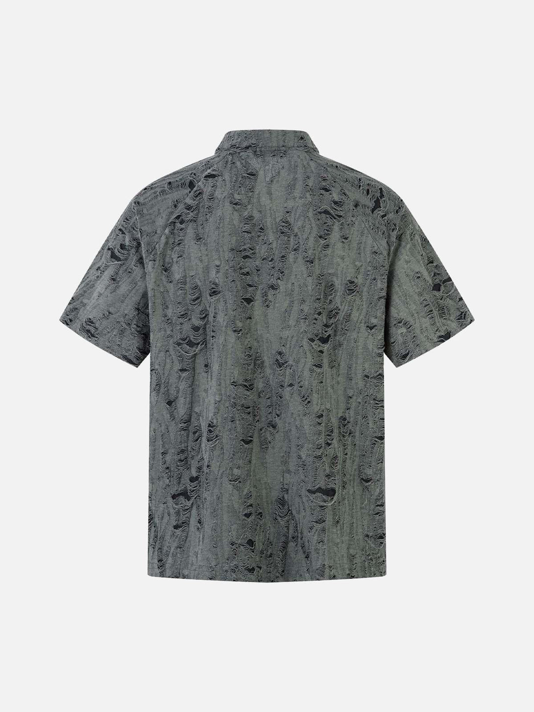 Back view of a distressed short sleeve shirt by TALISHKO, highlighting its unique texture.