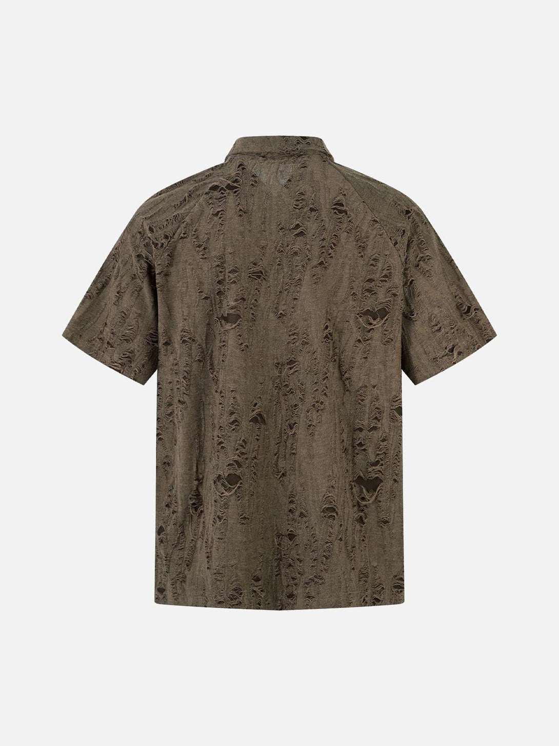 Back view of a distressed short sleeve shirt by TALISHKO, featuring a unique ripped texture.
