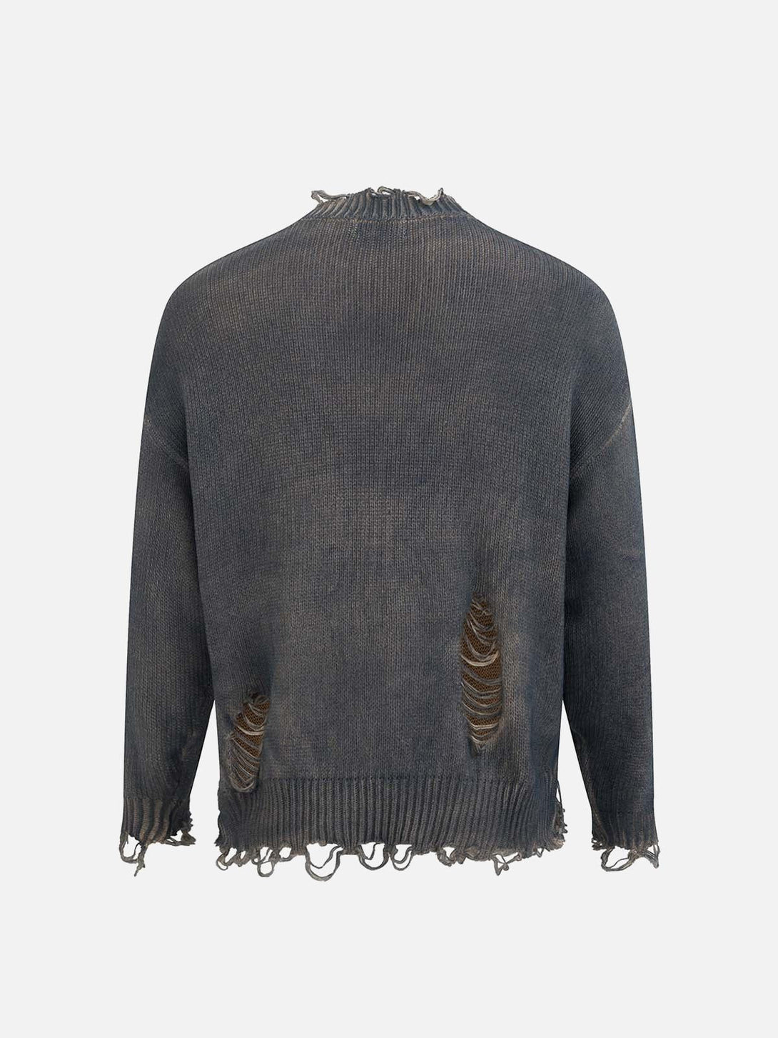Back view of a distressed oversized pullover sweater by TALISHKO, highlighting ripped details.
