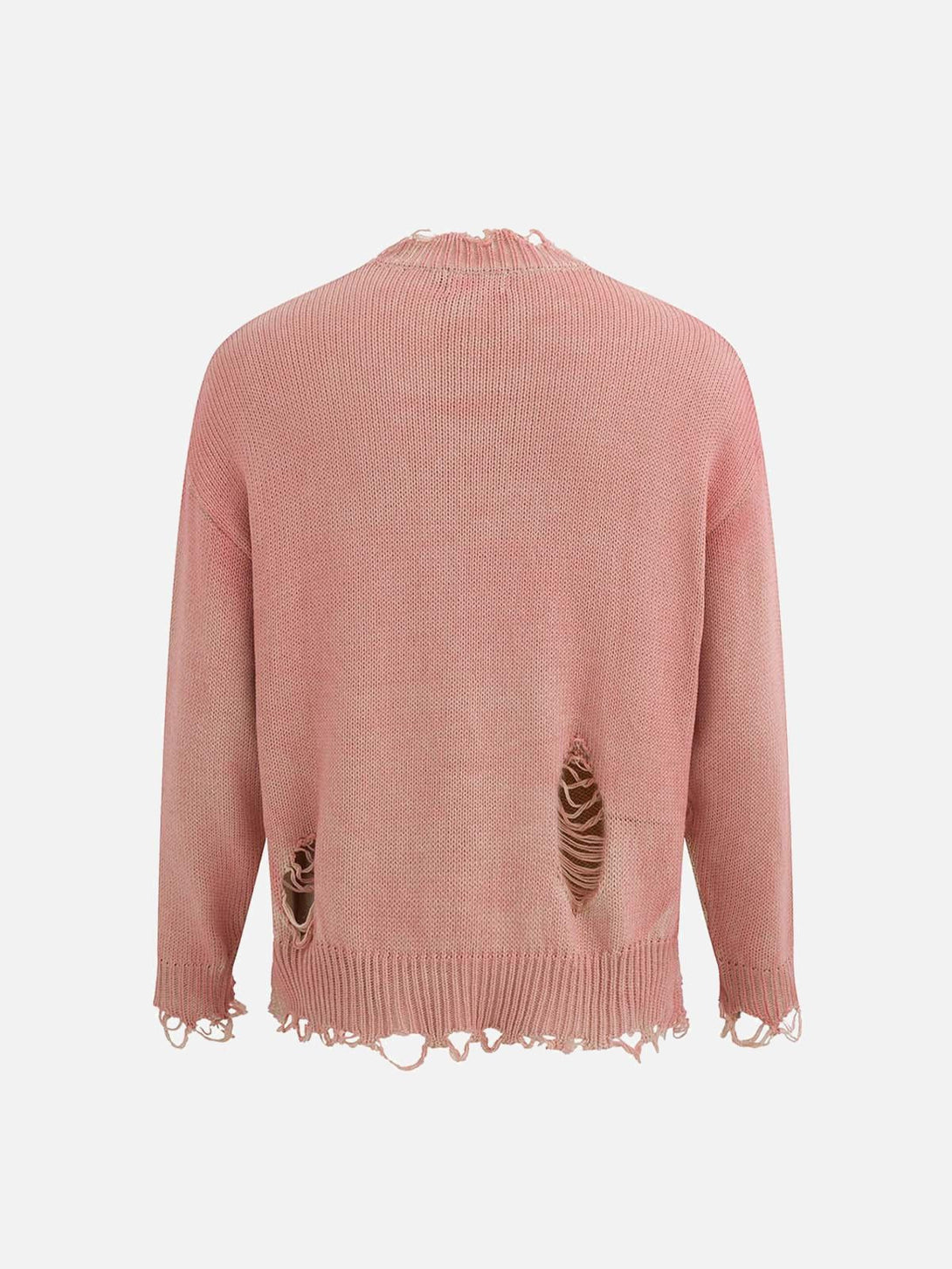 Back view of pink distressed oversized pullover sweater by TALISHKO, featuring ripped details.