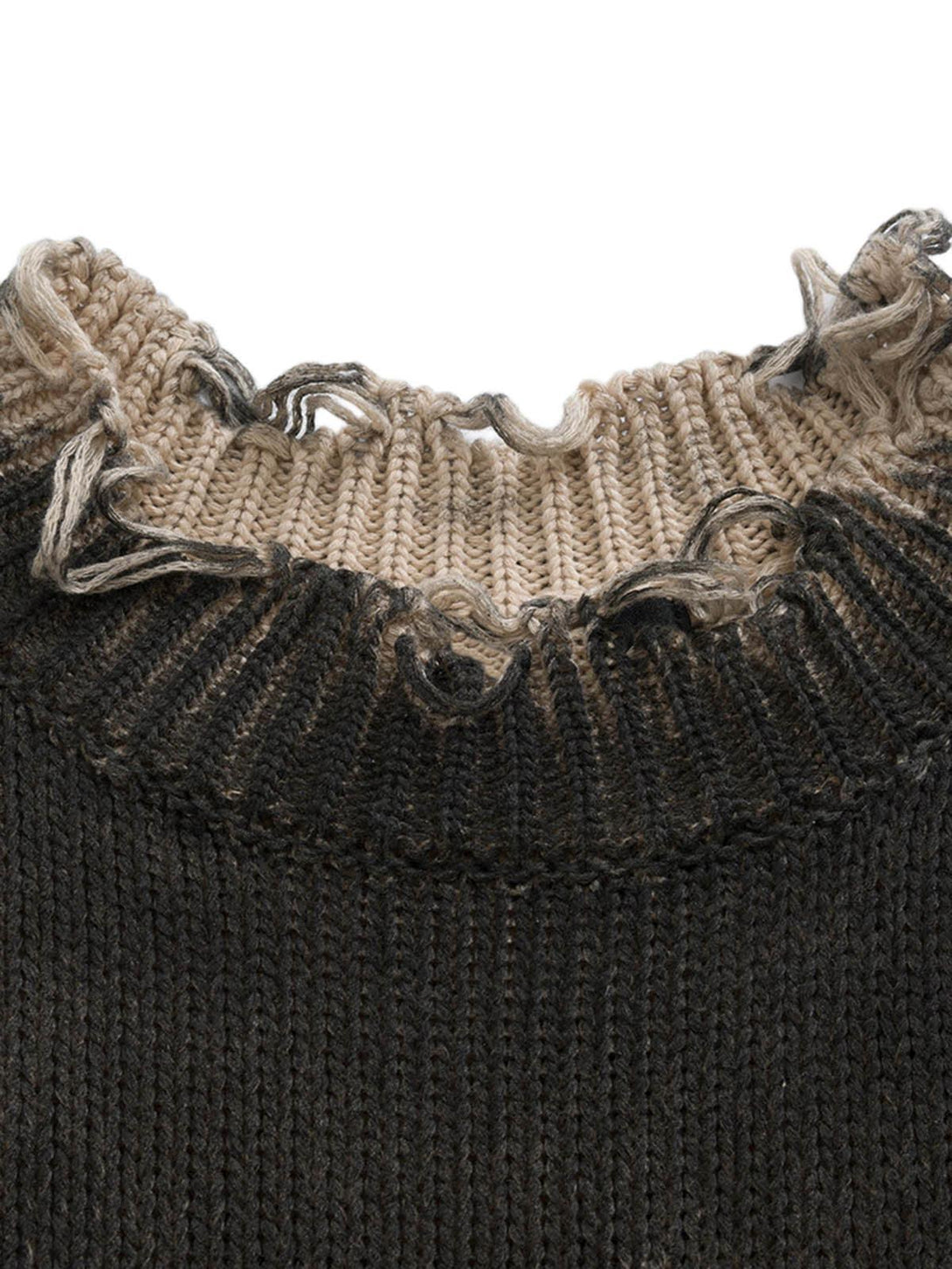 Intricate look at the distressed neckline of a pullover sweater by TALISHKO, highlighting unique texture.