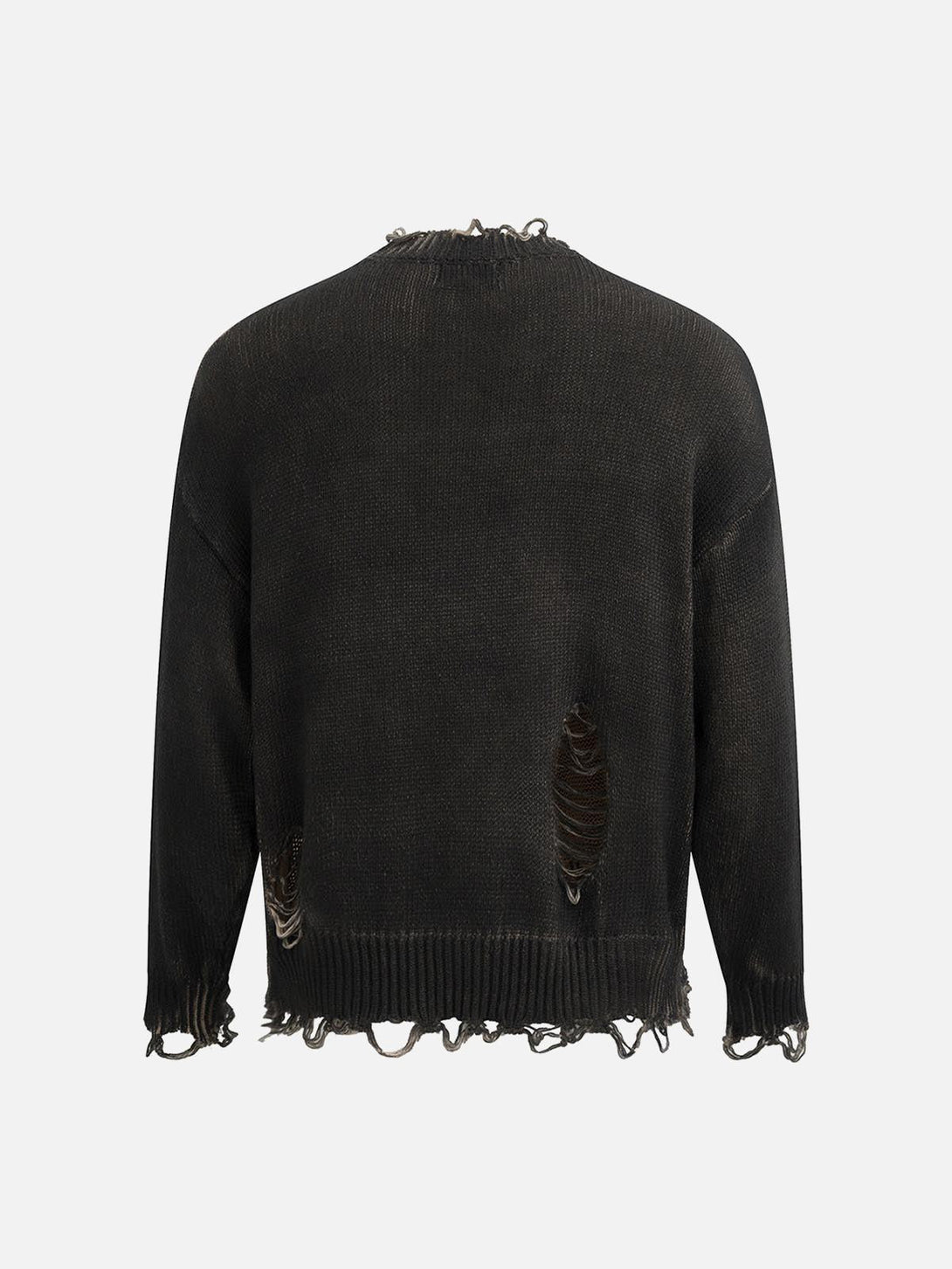Back view of a distressed black oversized sweater by TALISHKO, showcasing ripped details.