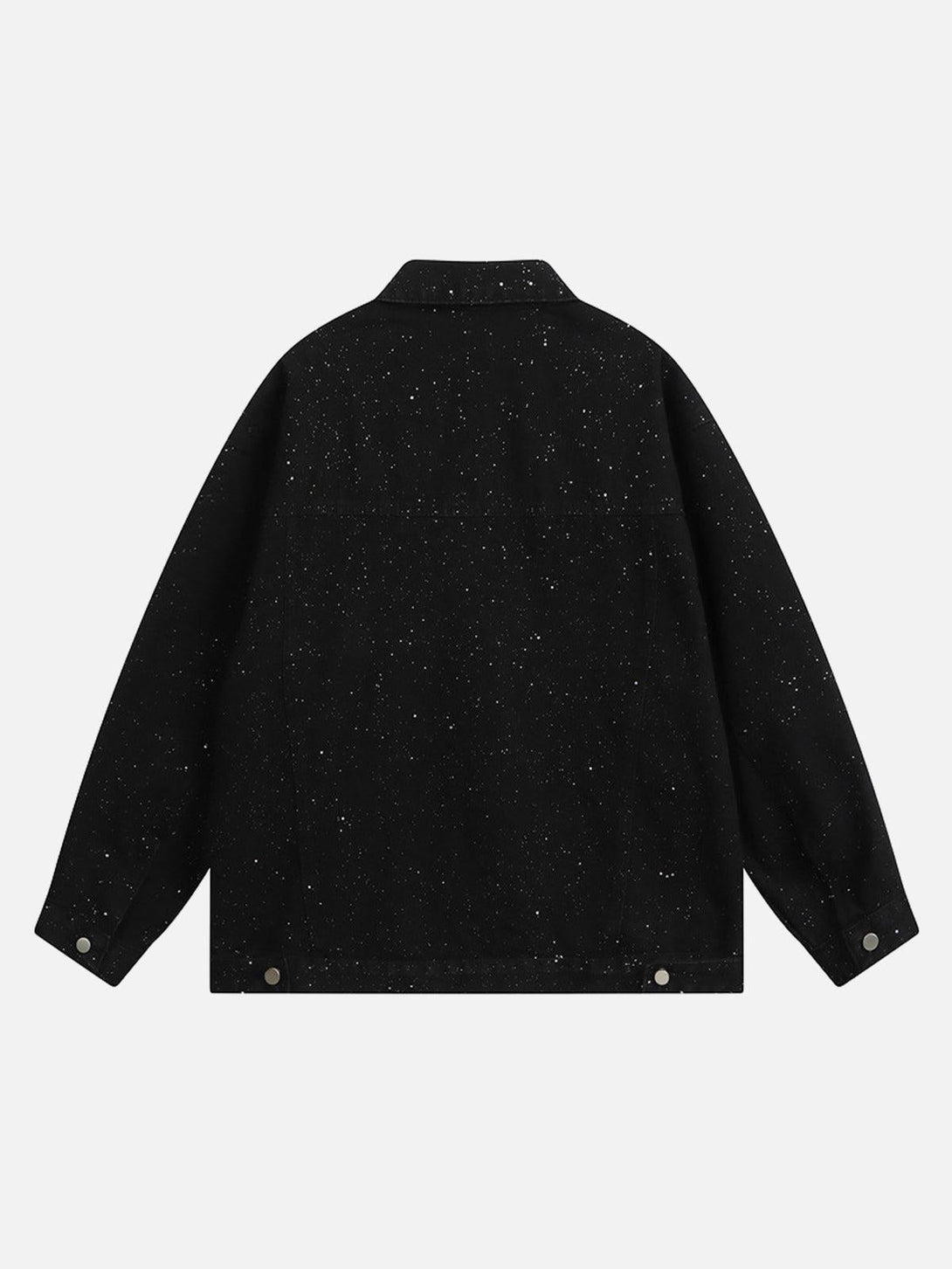 Back view of a black distressed denim jacket with sequins by TALISHKO, showcasing unique style.