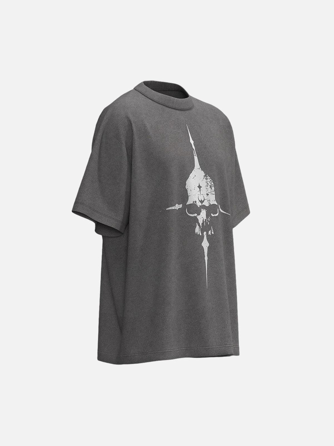 Gray T-shirt by TALISHKO with a distressed skull graphic, showcased in side view.