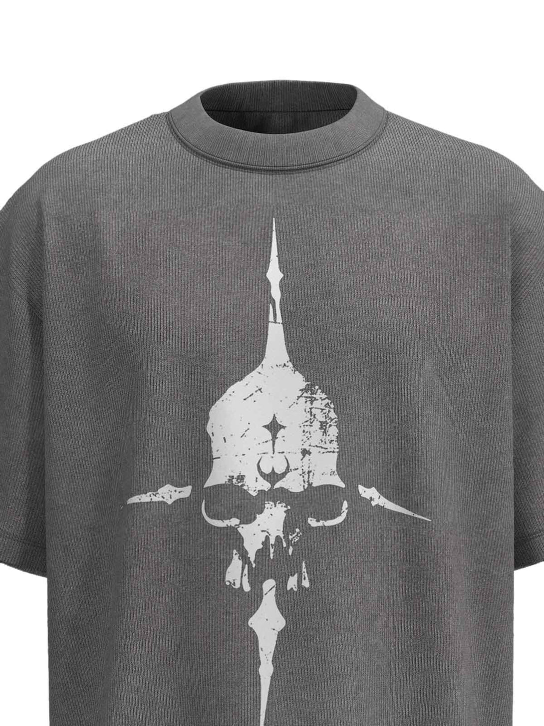 A gray T-shirt by TALISHKO featuring a distressed skull design, shown from the front.