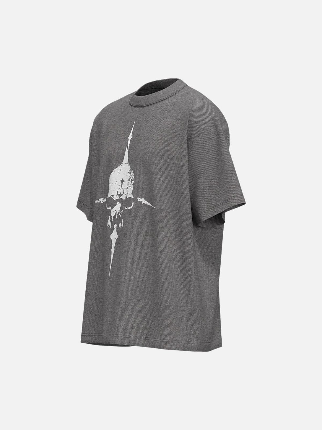 Gray T-shirt featuring a distressed skull graphic by TALISHKO, side perspective.