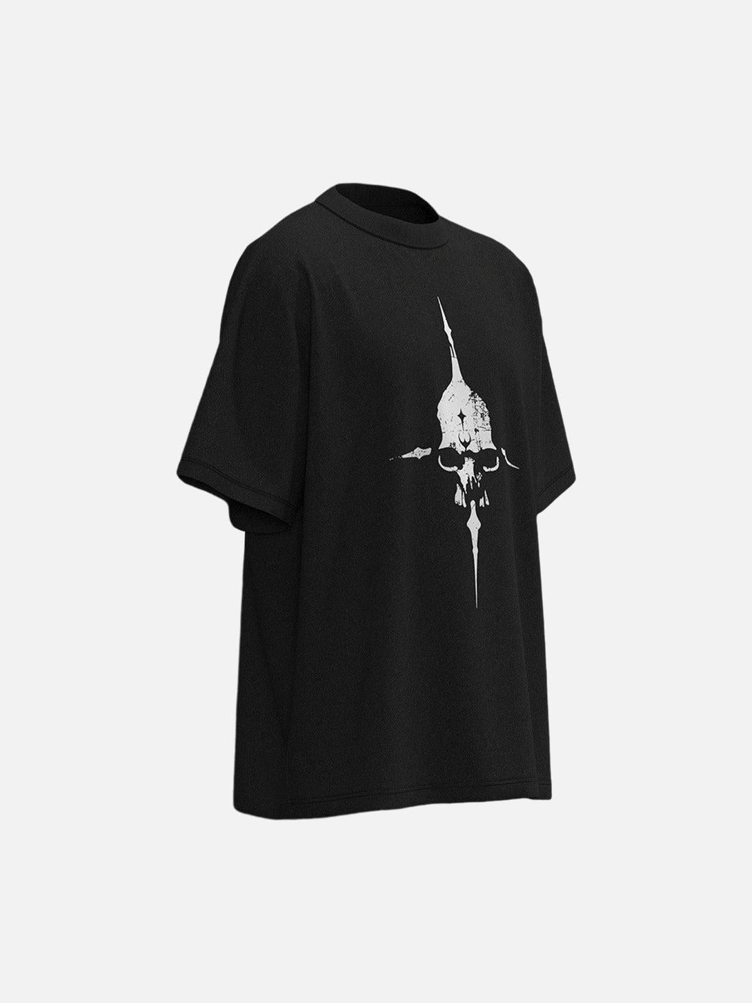 Black T-shirt by TALISHKO featuring a striking skull cross graphic, displayed in side view.