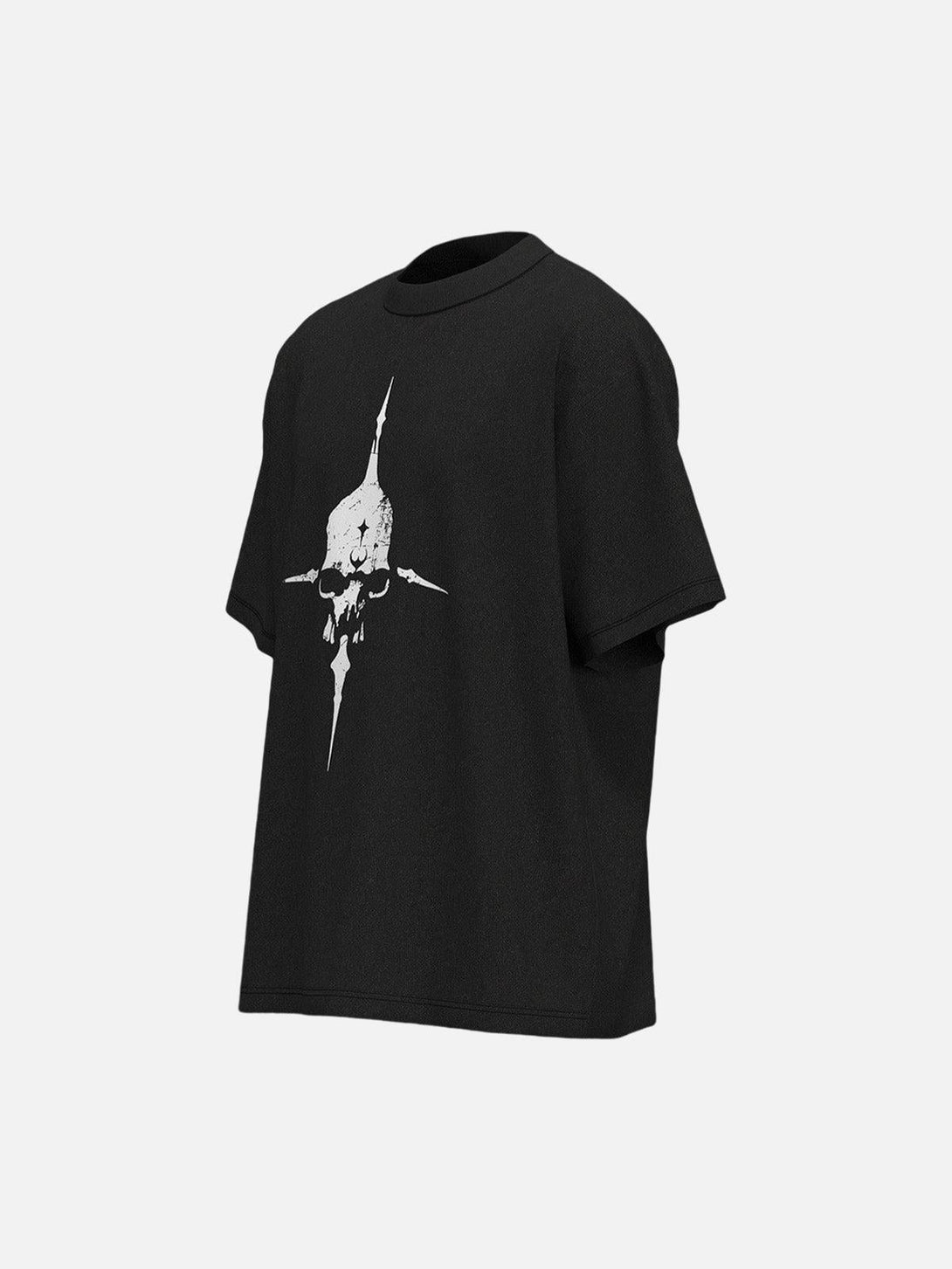 Black graphic T-shirt featuring a skull cross design by TALISHKO, shown in side view.