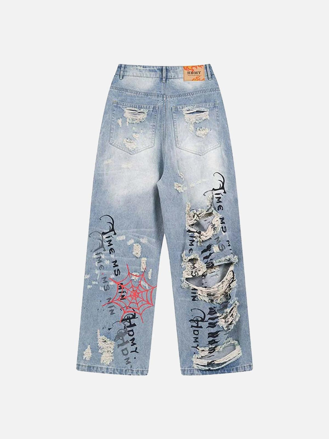 Back view of distressed jeans with spider web and letter print, designed by TALISHKO.