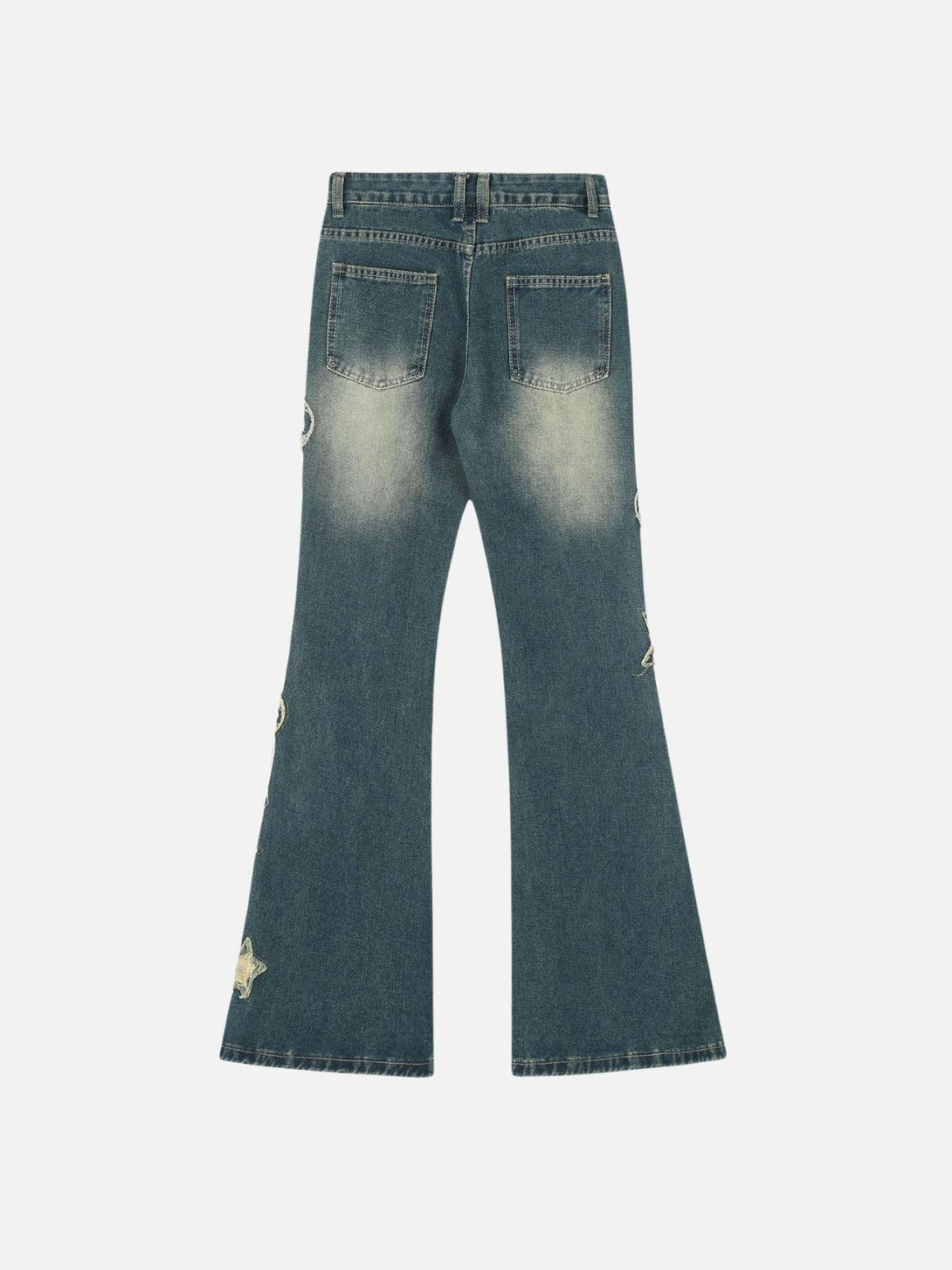 Back view of distressed jeans with star and heart patches, designed by TALISHKO.