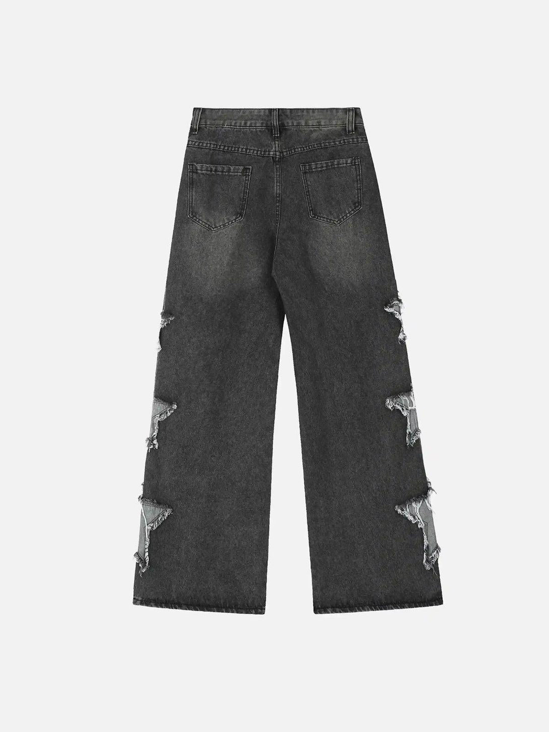 Back view of TALISHKO distressed star patch jeans, featuring edgy design and rugged charm.