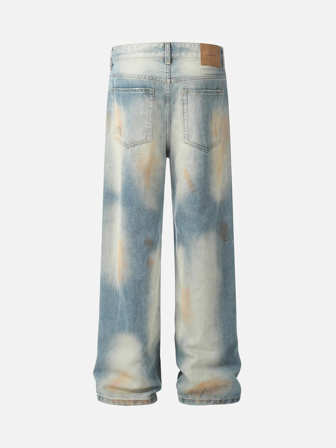 Back view of distressed street hip-hop jeans by TALISHKO, showcasing a unique wash design.