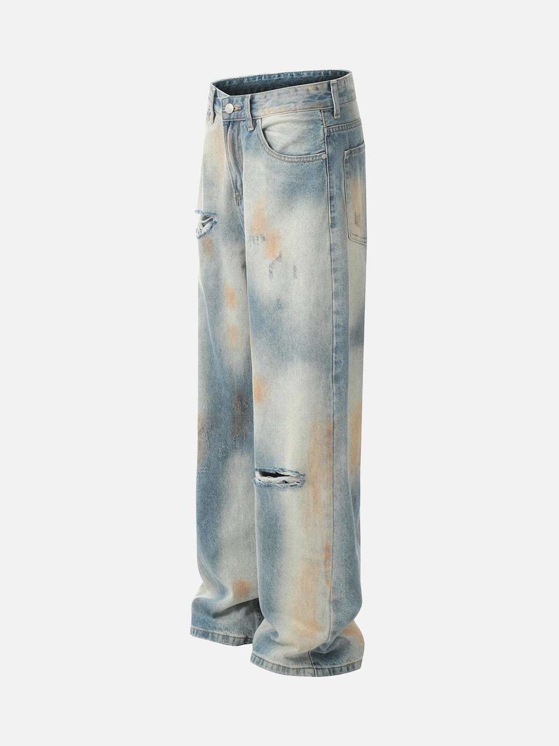 Side view of distressed street hip-hop jeans by TALISHKO, featuring a relaxed, worn-in look.